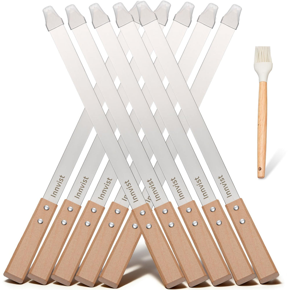 Innvist front view of skewers set showing stainless steel blades and wood handles for durability