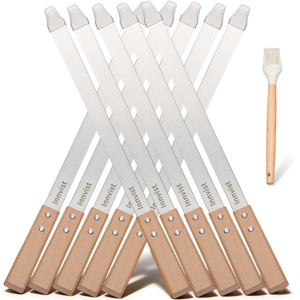 Innvist front view of skewers set showing stainless steel blades and wood handles for durability
