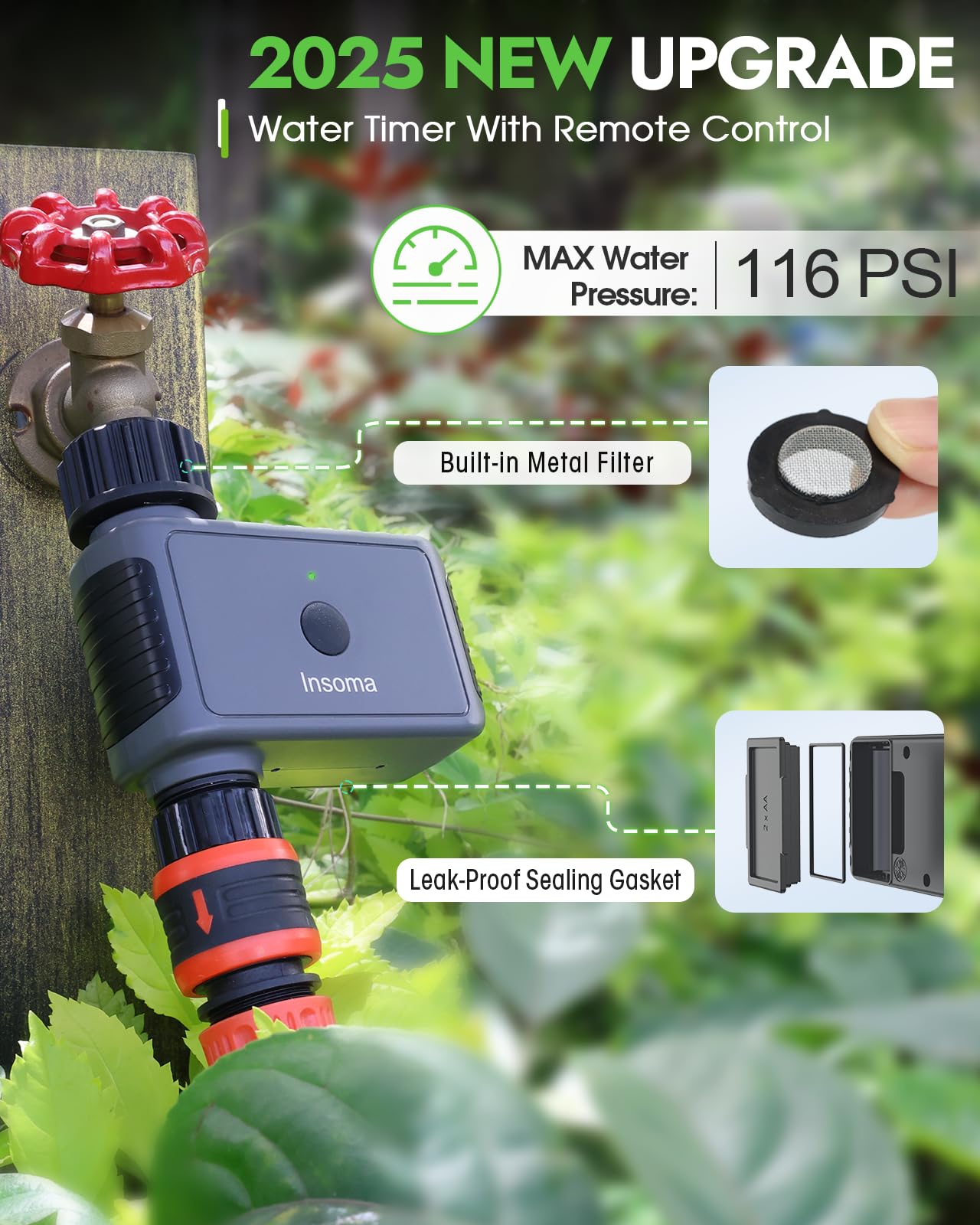 Insoma closeup of valve and rotatable dial, durable design for weather resistance
