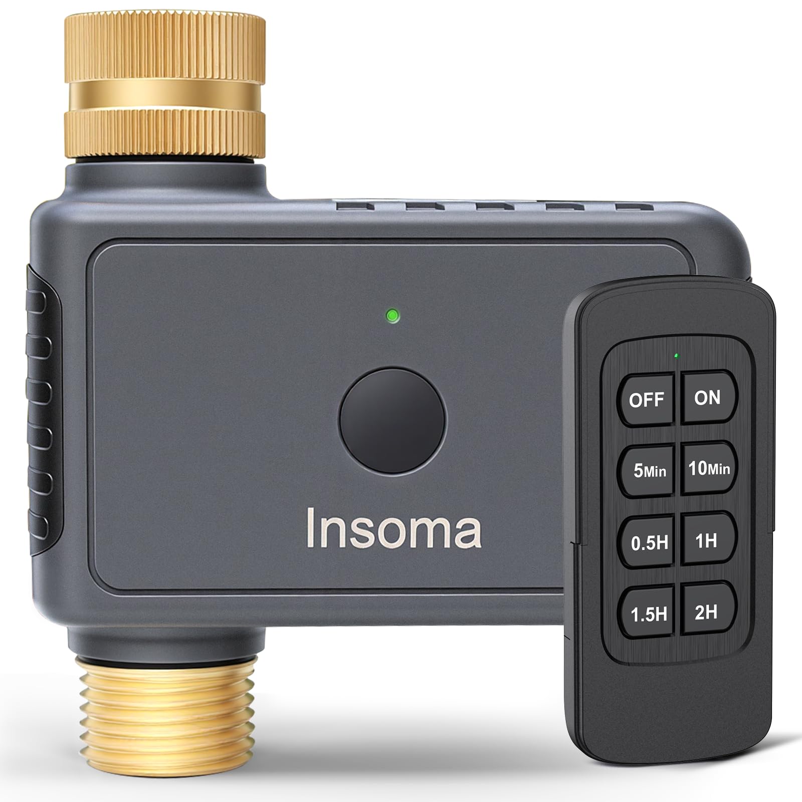 Insoma front view showing brass connector and durable valve for reliable outdoor use