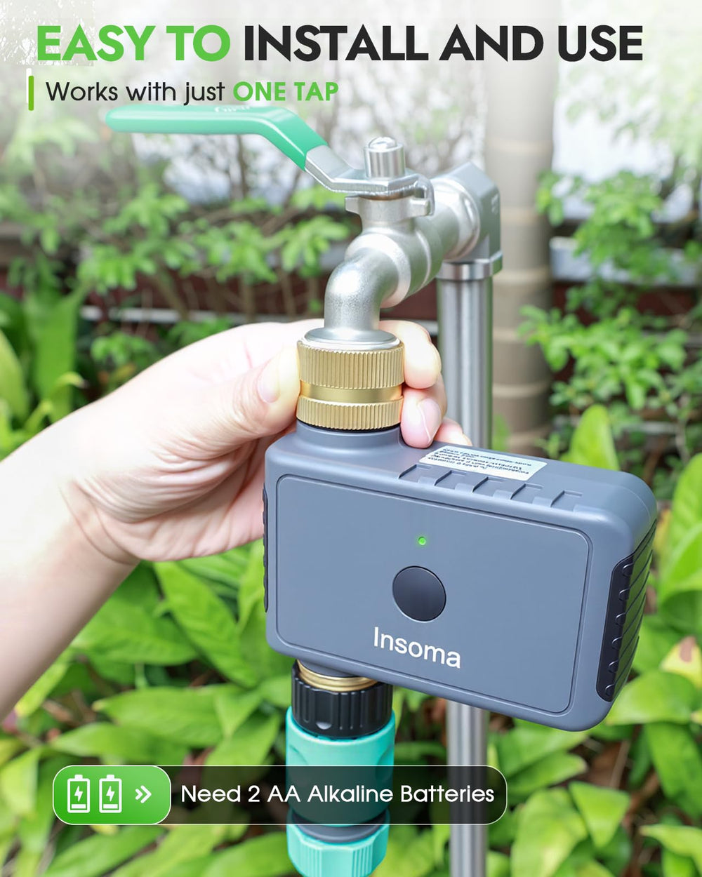 Insoma installed on outdoor faucet with hose demonstrating easy setup benefit