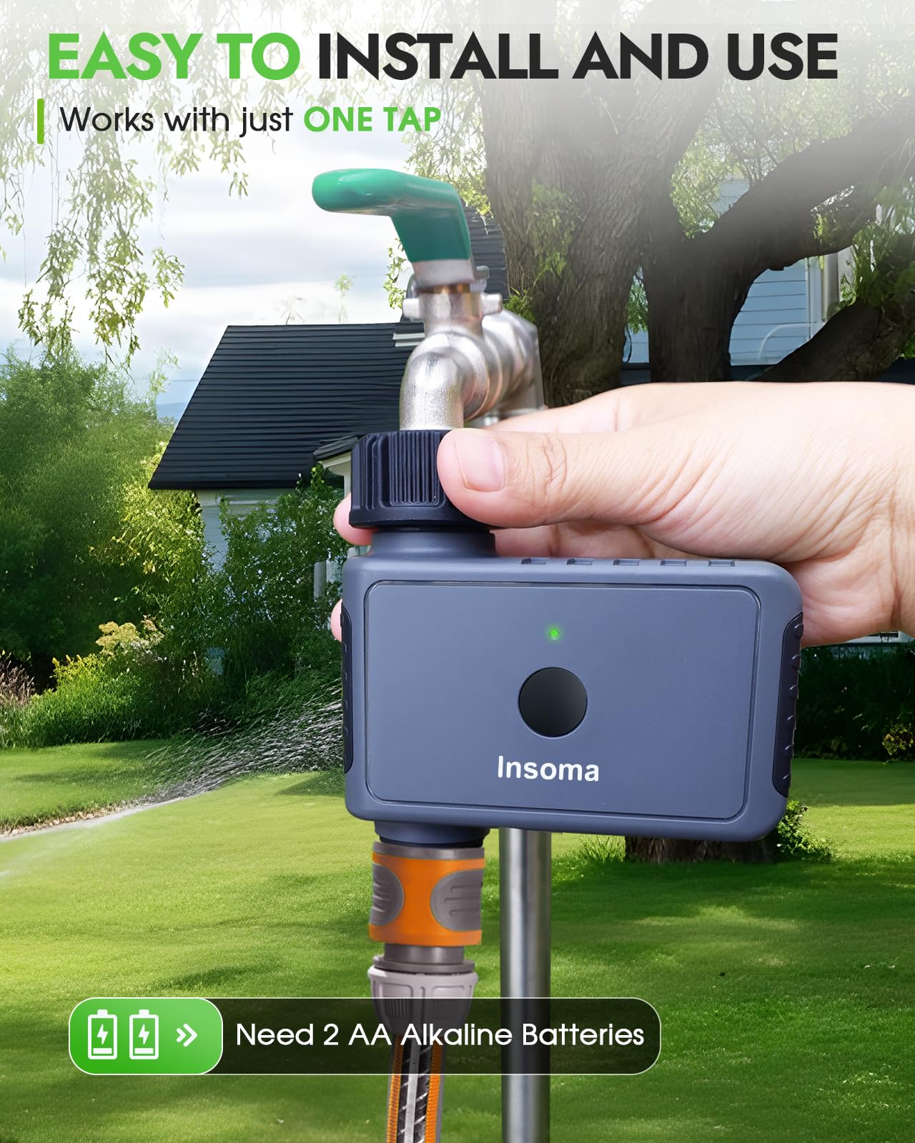 Insoma installed on hose spigot with quick connector, fits standard garden hoses