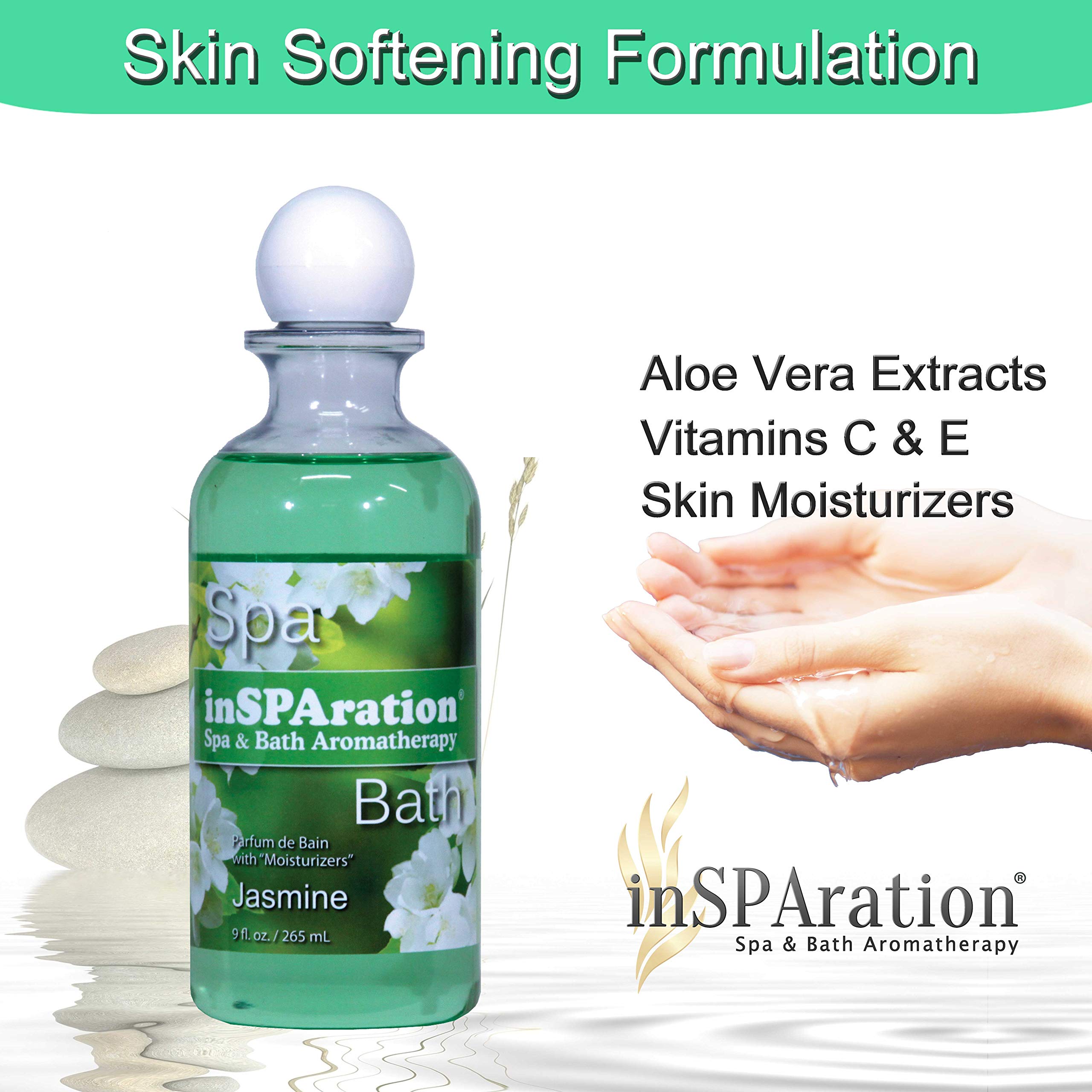 inSPAration jasmine liquid texture close-up showing clear water-soluble formula benefit