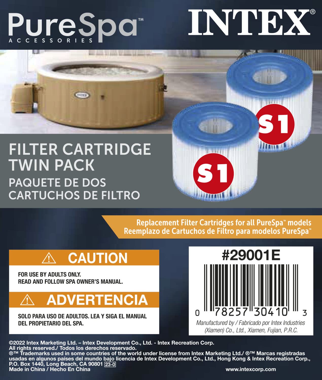 Intex filters staged beside an outdoor spa demonstrating easy replacement and maintenance