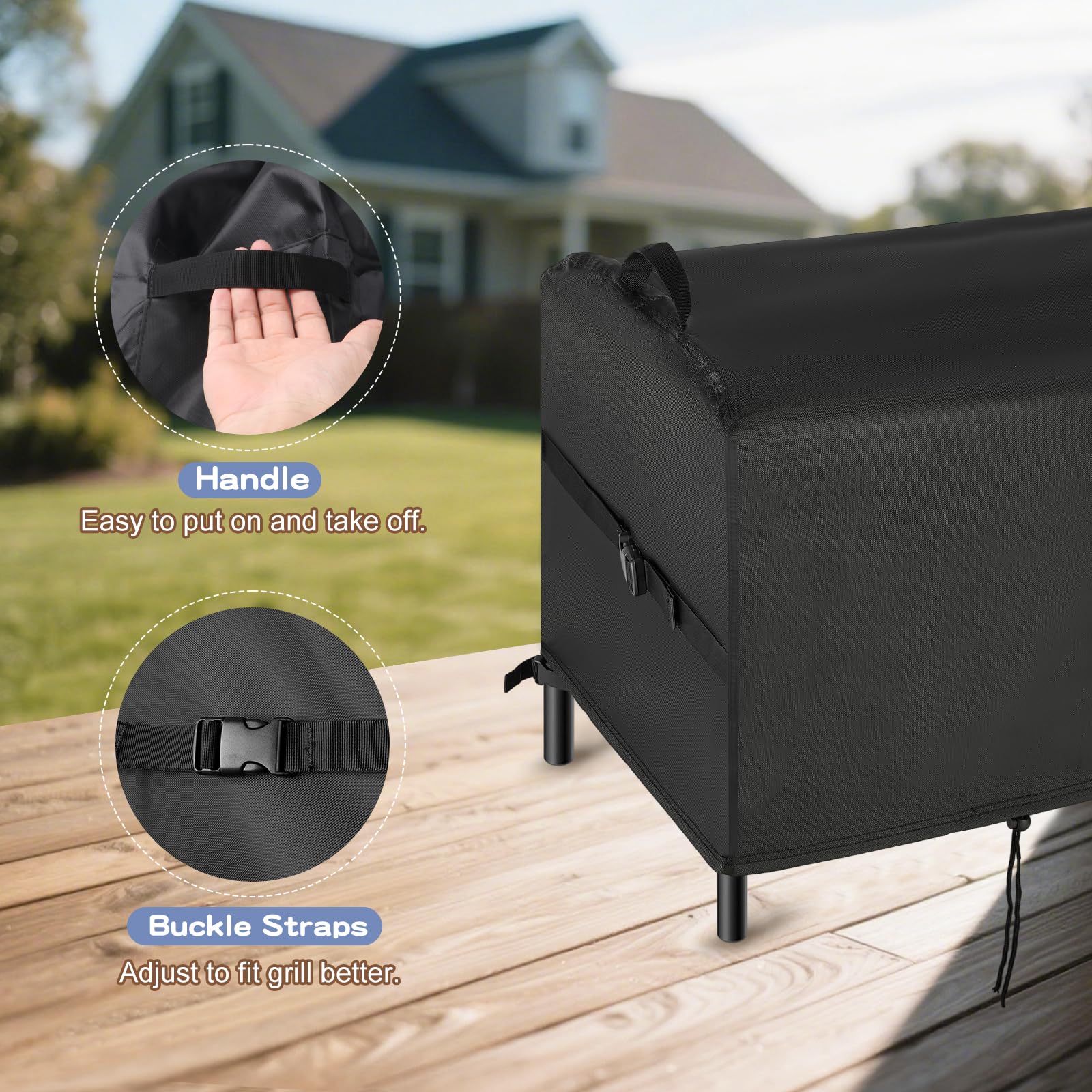 Iptienda buckle straps secured to grill wheels to prevent wind lift and cover loss