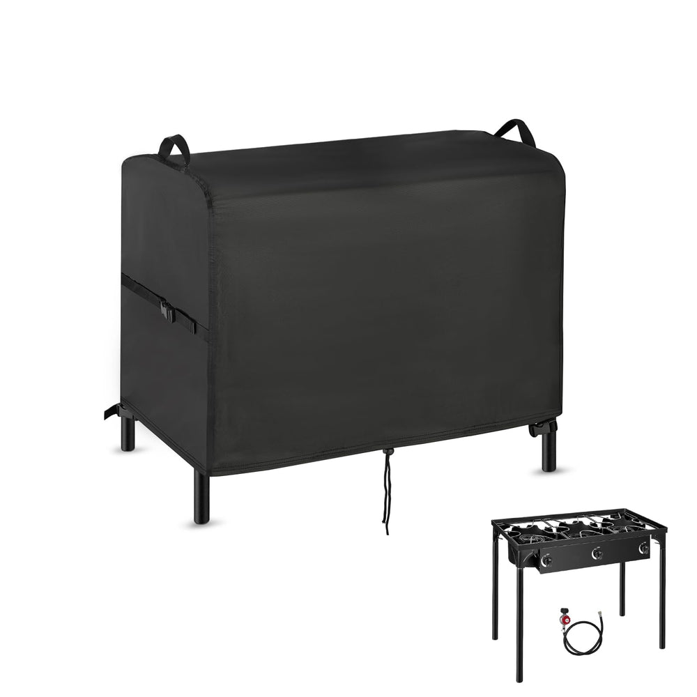 Iptienda front view showing full cover protecting a 3-burner stove, keeping it weather-safe