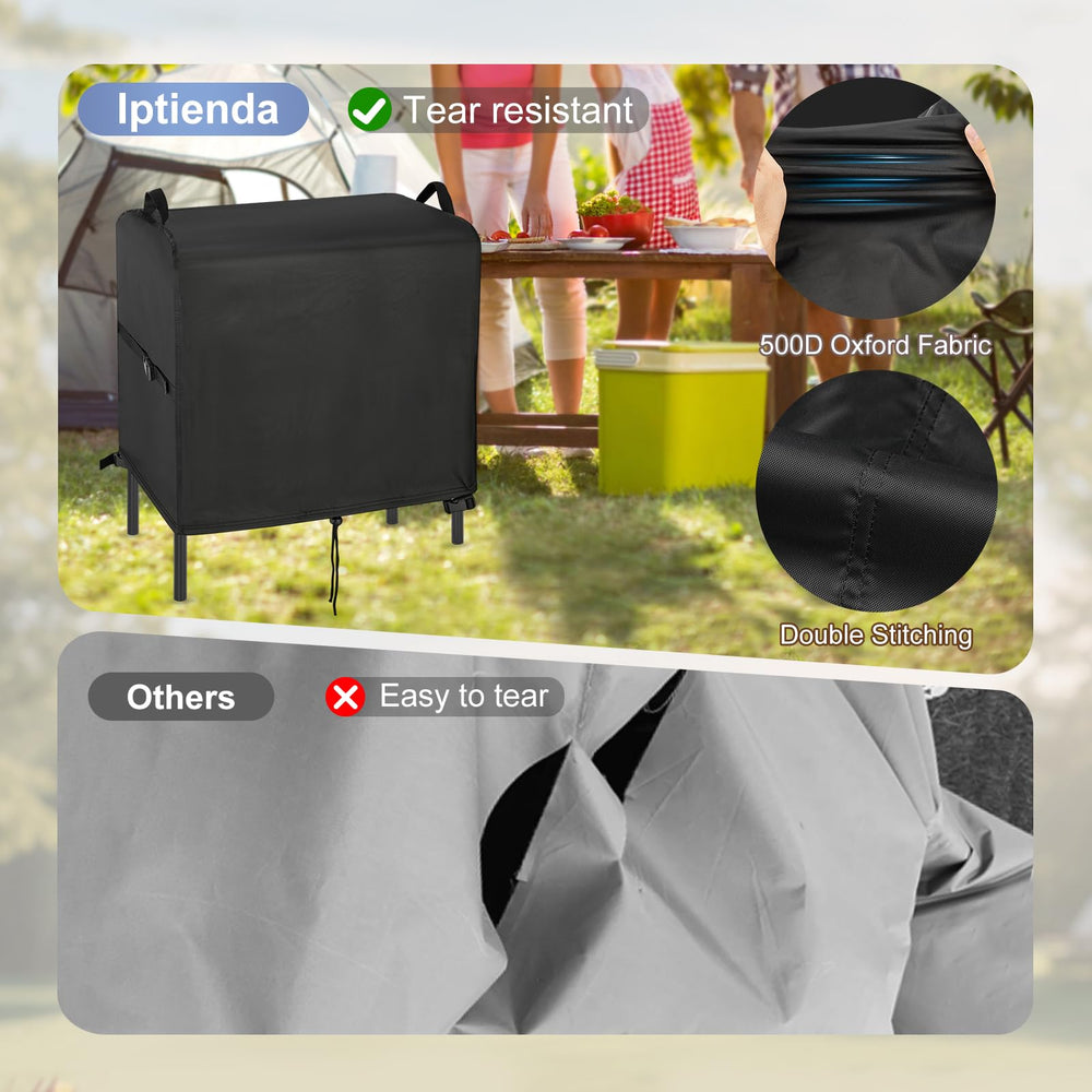Iptienda cover in use at a campsite protecting stove from rain and dirt for easy cleanup