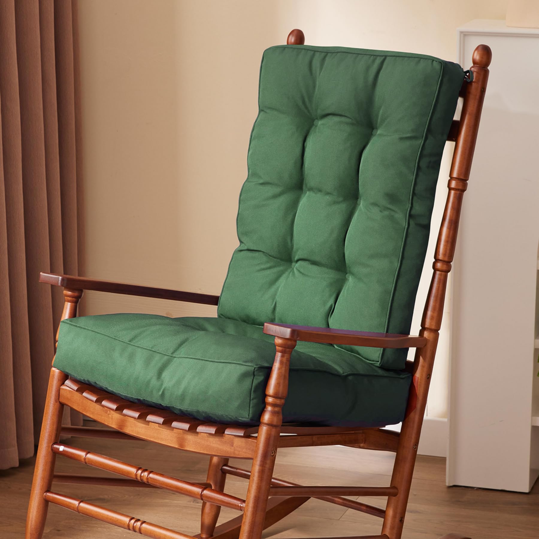IPYNBAP front view of dark green rocking chair cushions showing neat tufted design and comfort