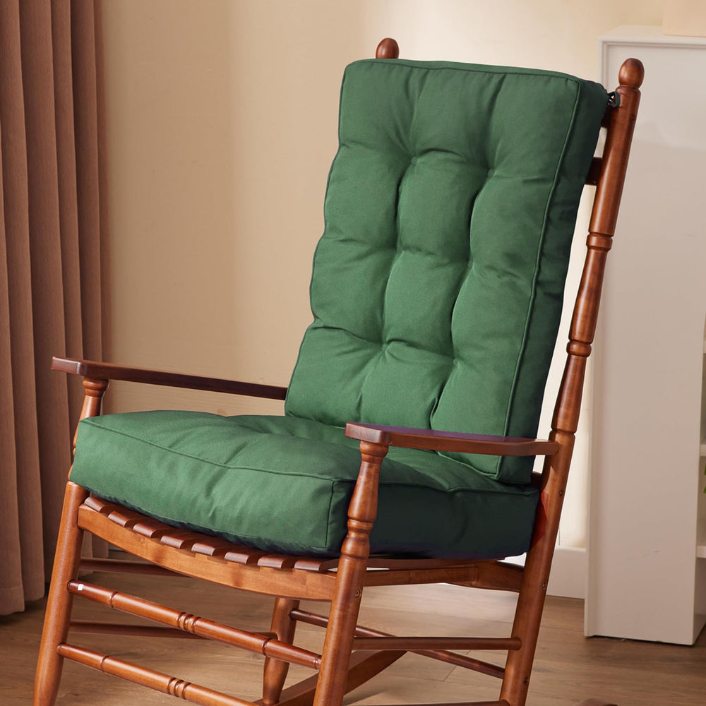 IPYNBAP front view of dark green rocking chair cushions showing neat tufted design and comfort