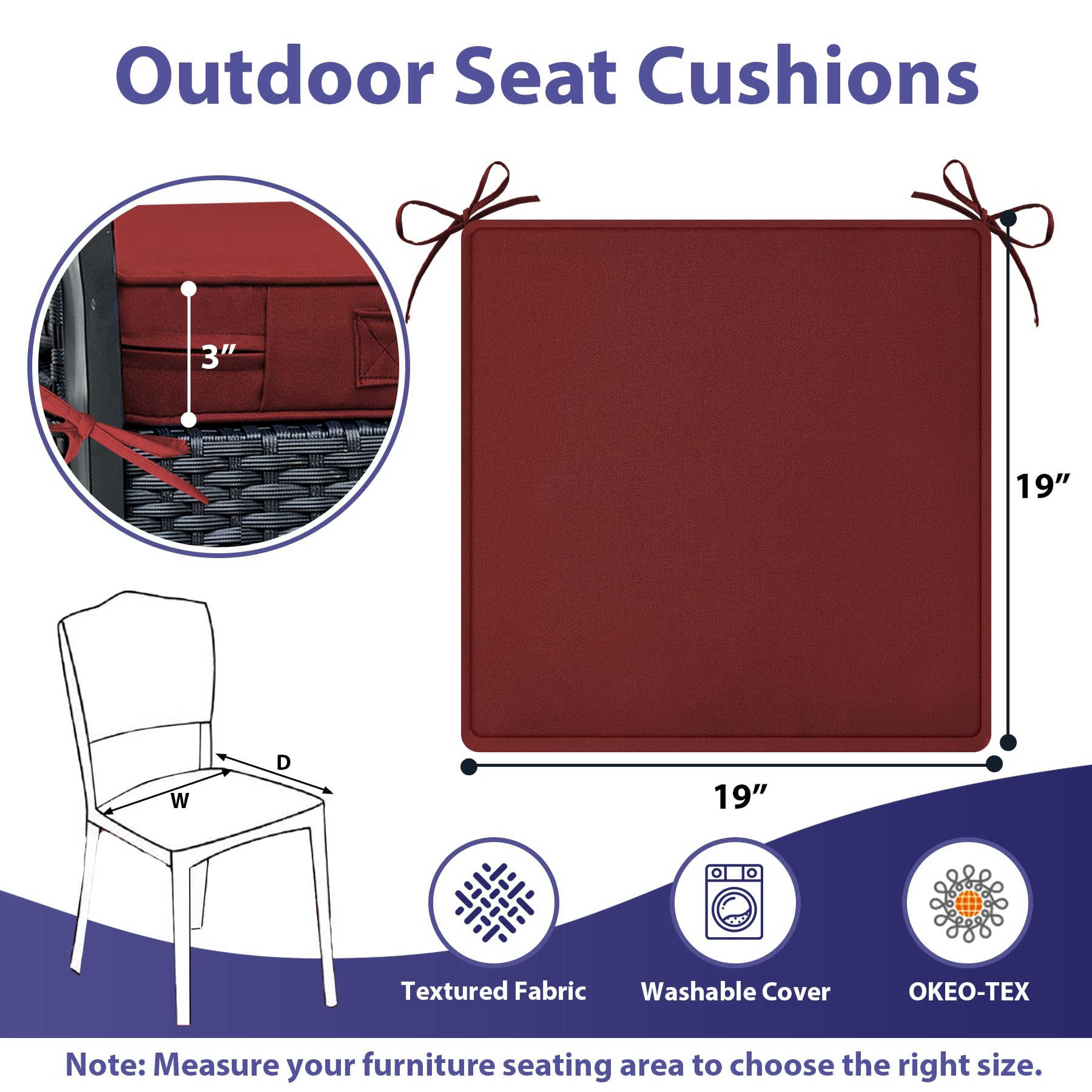 IPYNBAP cushion on chair seat showing 19x19x3 size for correct scale