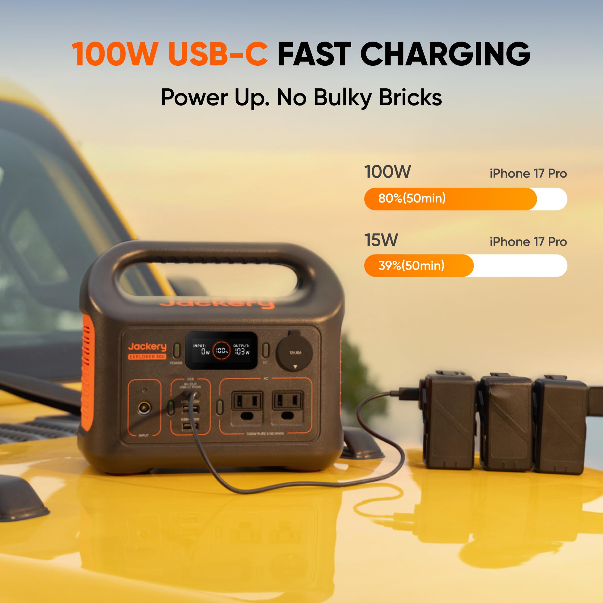 Jackery Explorer 300 next to backpack showing compact size and travel-friendly benefit
