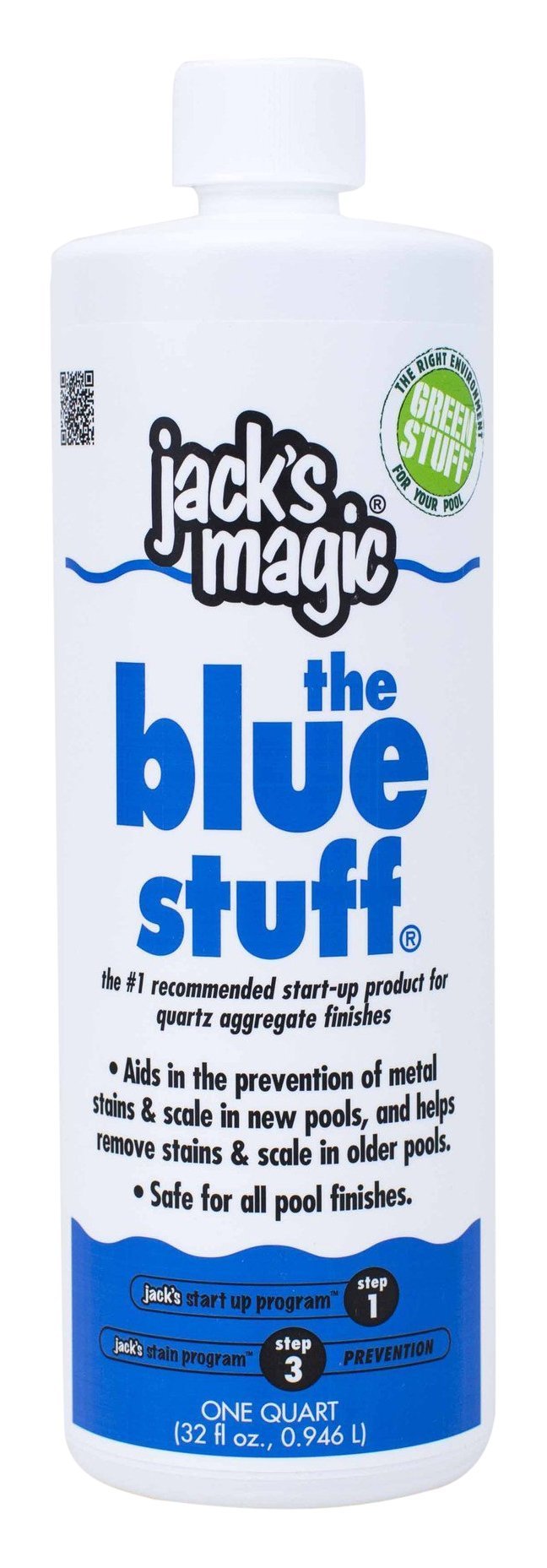 Jack's Magic Blue Stuff front label showing product and pool protection benefits