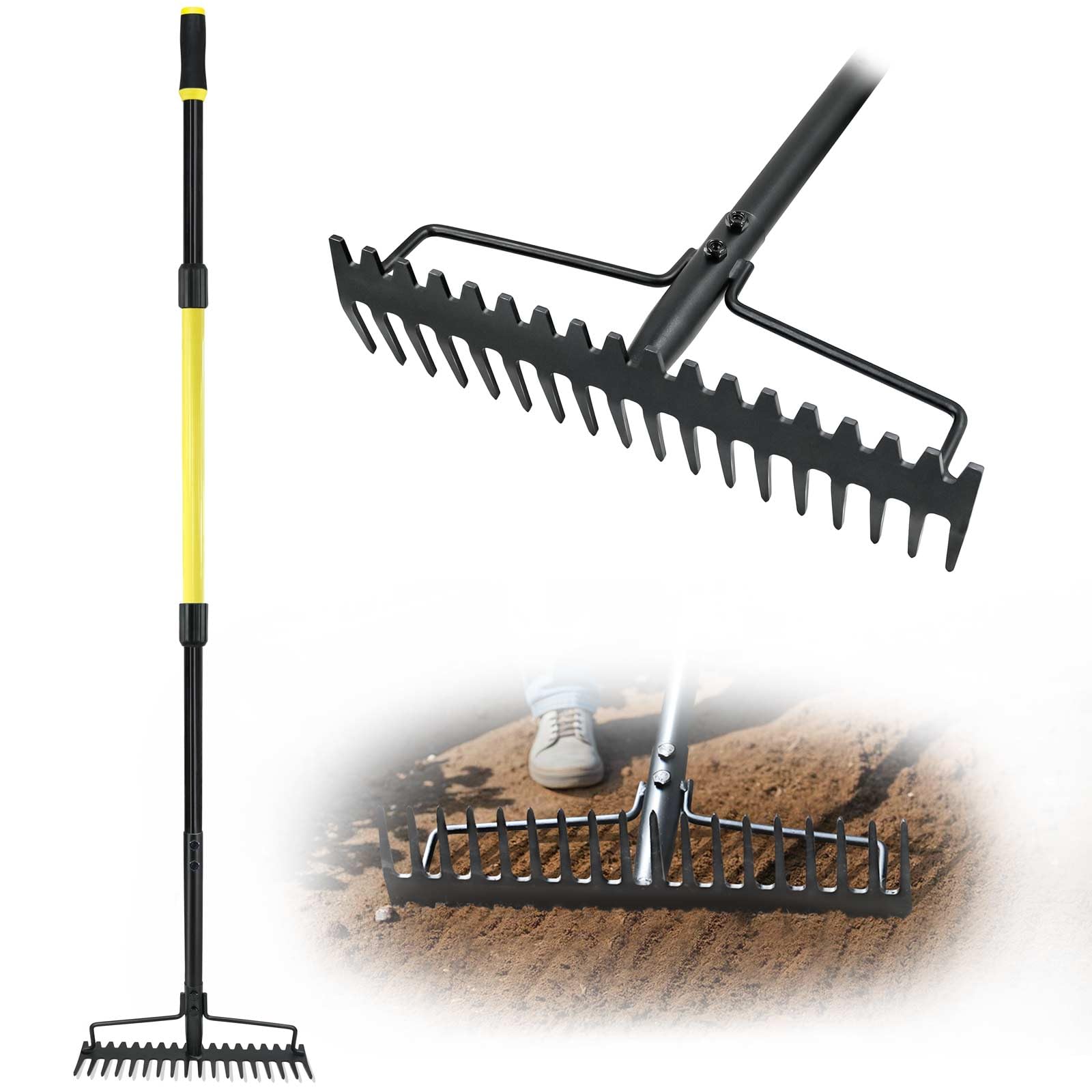 Jardineer front view of full bow rake showing wide 18-tine head for faster work