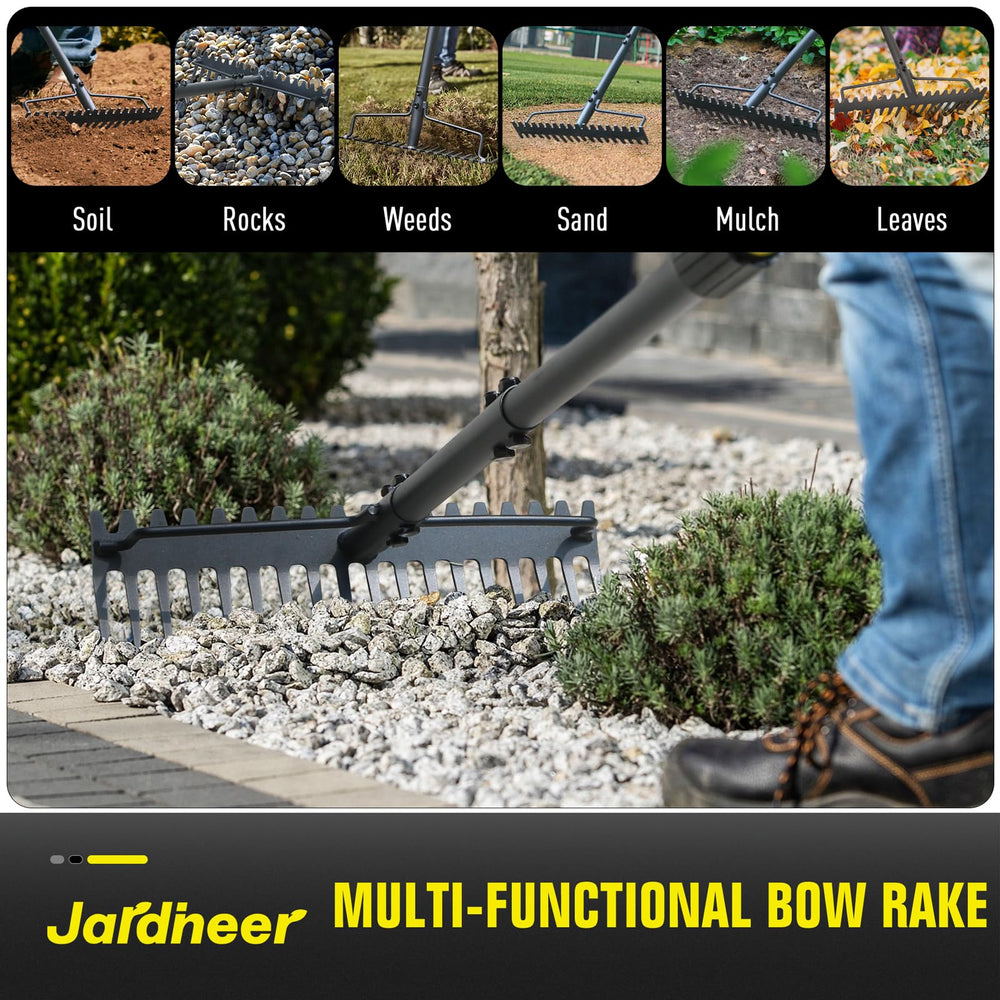 Jardineer leveling gravel with rake in landscaping scene for even spreading