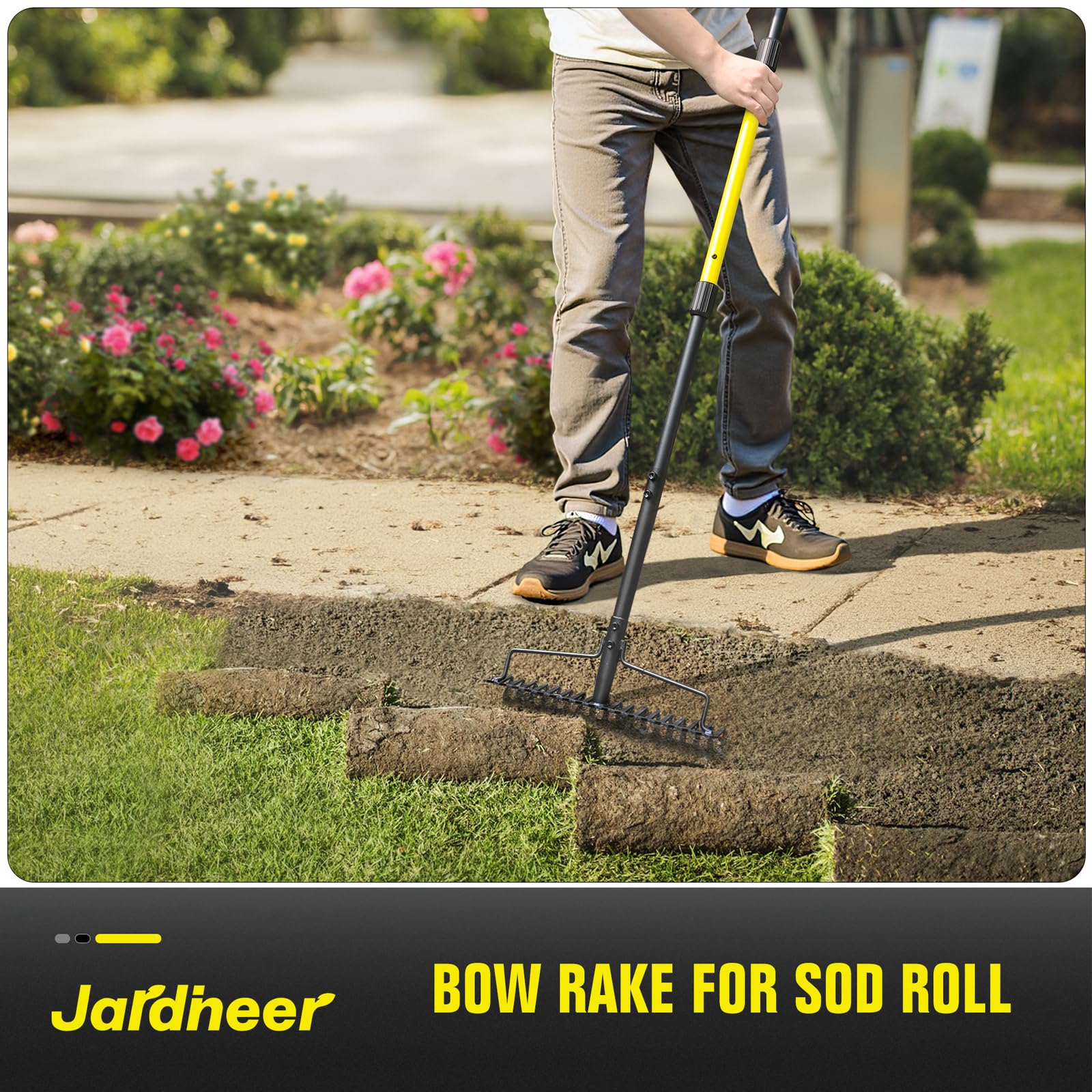 Jardineer raking leaves in yard demonstrating multi-purpose garden cleanup
