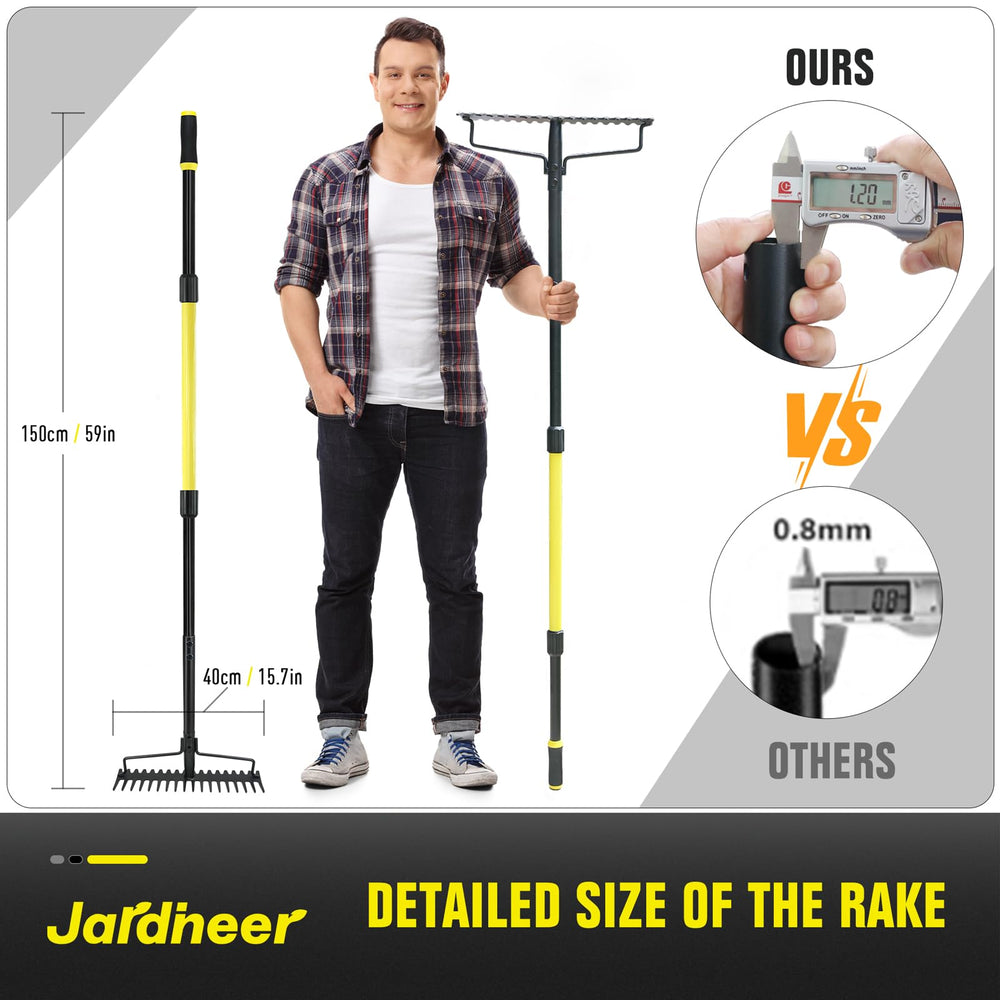 Jardineer rake propped by door for scale showing compact detachable storage