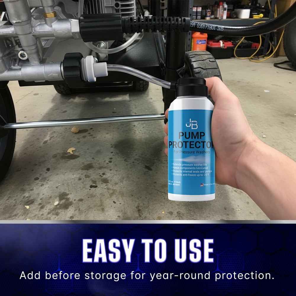 JB Industries bottle beside stored pressure washer in garage for seasonal care
