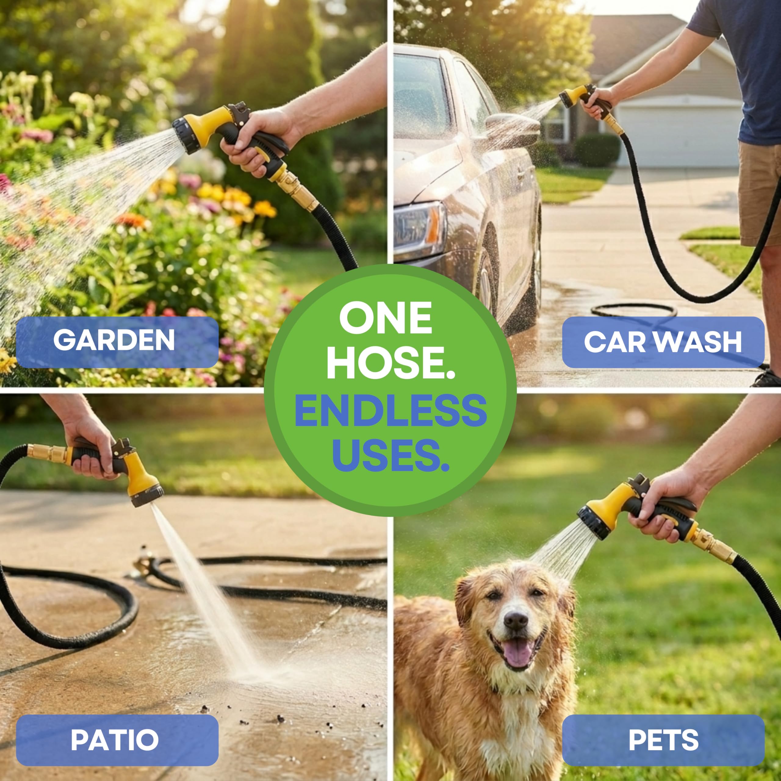 J&B XpandaHose fully expanded across a lawn for full-reach watering benefit