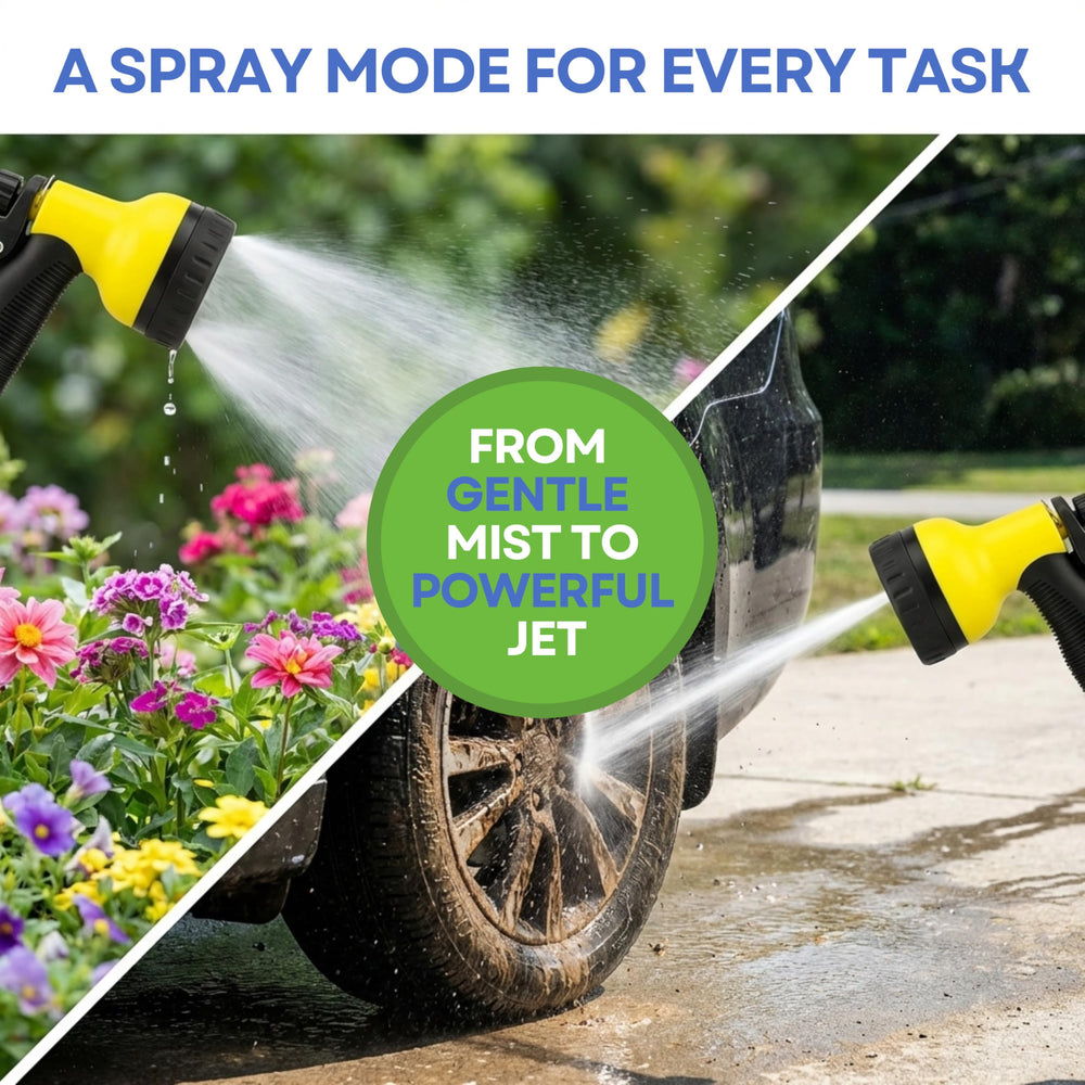 J&B hose in use watering garden flowers to demonstrate gentle mist capability