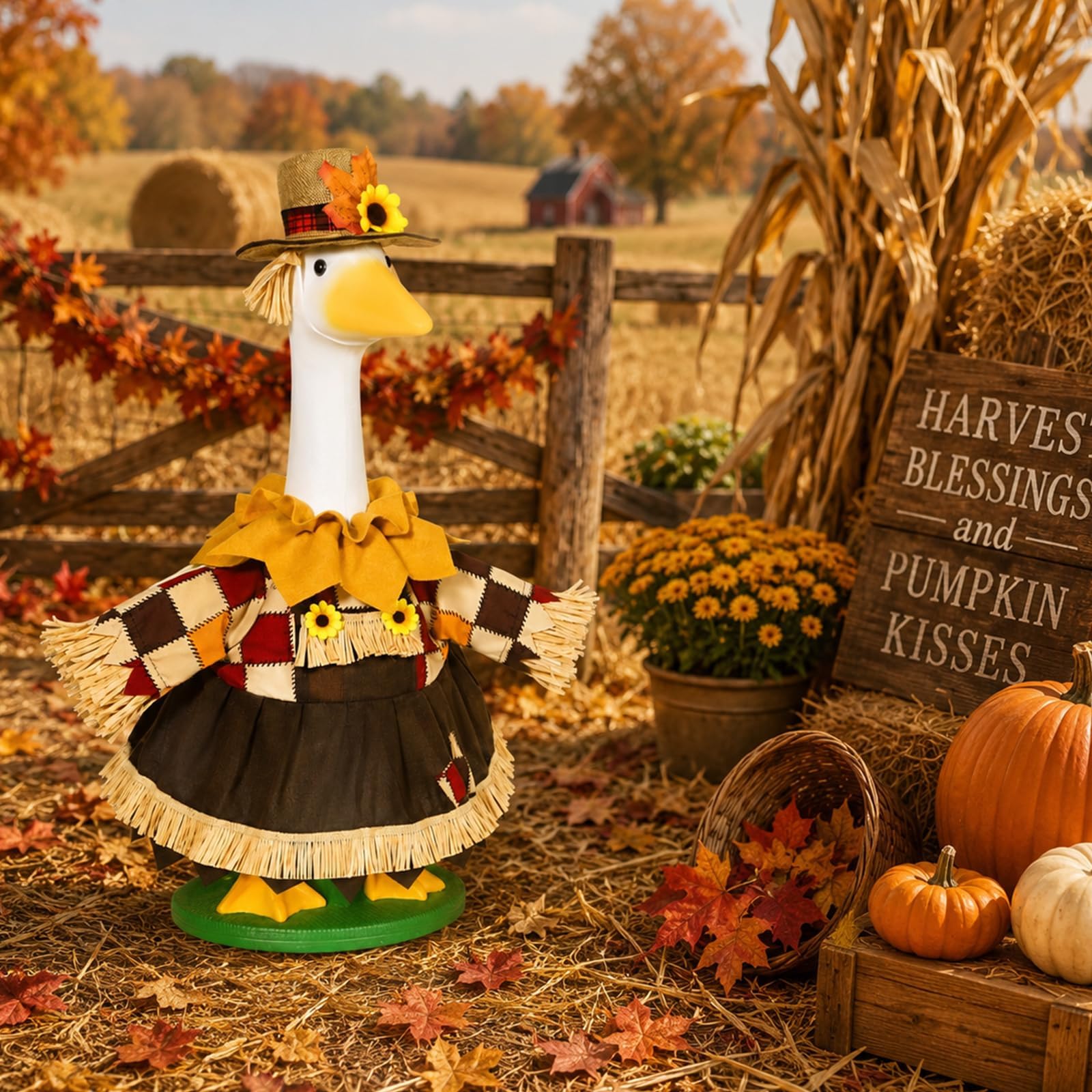 JcHrmers goose among pumpkins and hay bales for layered fall decor
