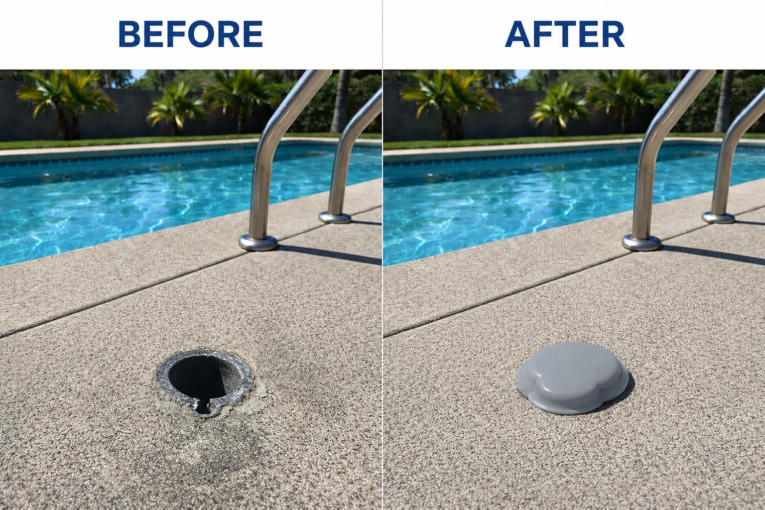 JED Pool Tools installed on ladder socket demonstrating secure support and debris reduction
