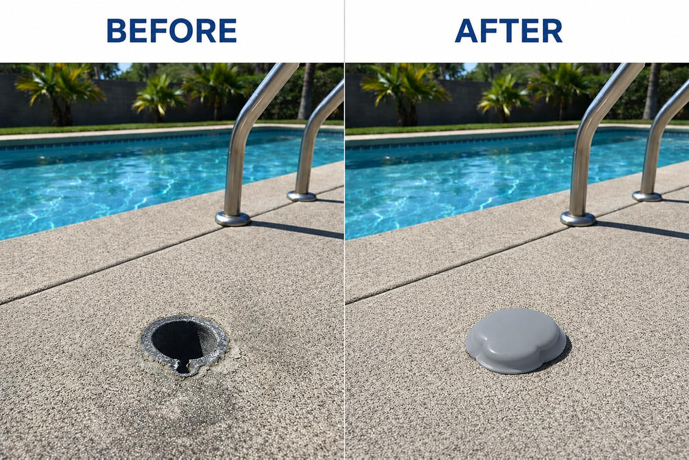 JED Pool Tools installed on ladder socket demonstrating secure support and debris reduction