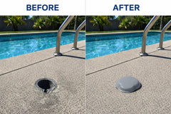 JED Pool Tools installed on ladder socket demonstrating secure support and debris reduction
