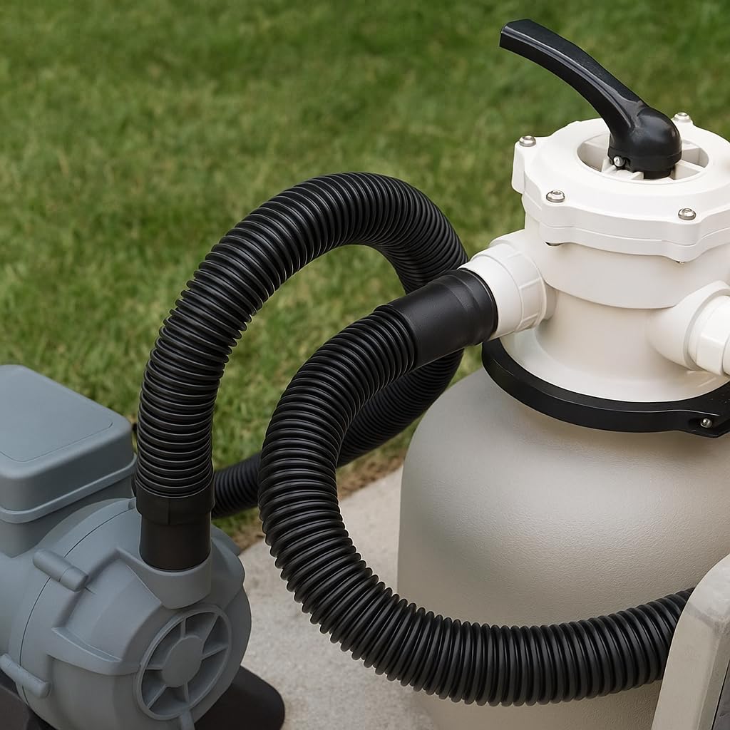 JED Pool Tools hose connected to pool pump demonstrating quick installation and steady flow