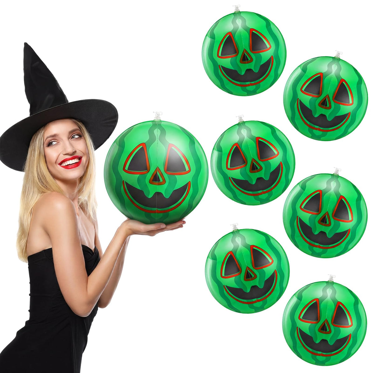 Jenaai front view of six watermelon beach balls showing festive design and quantity