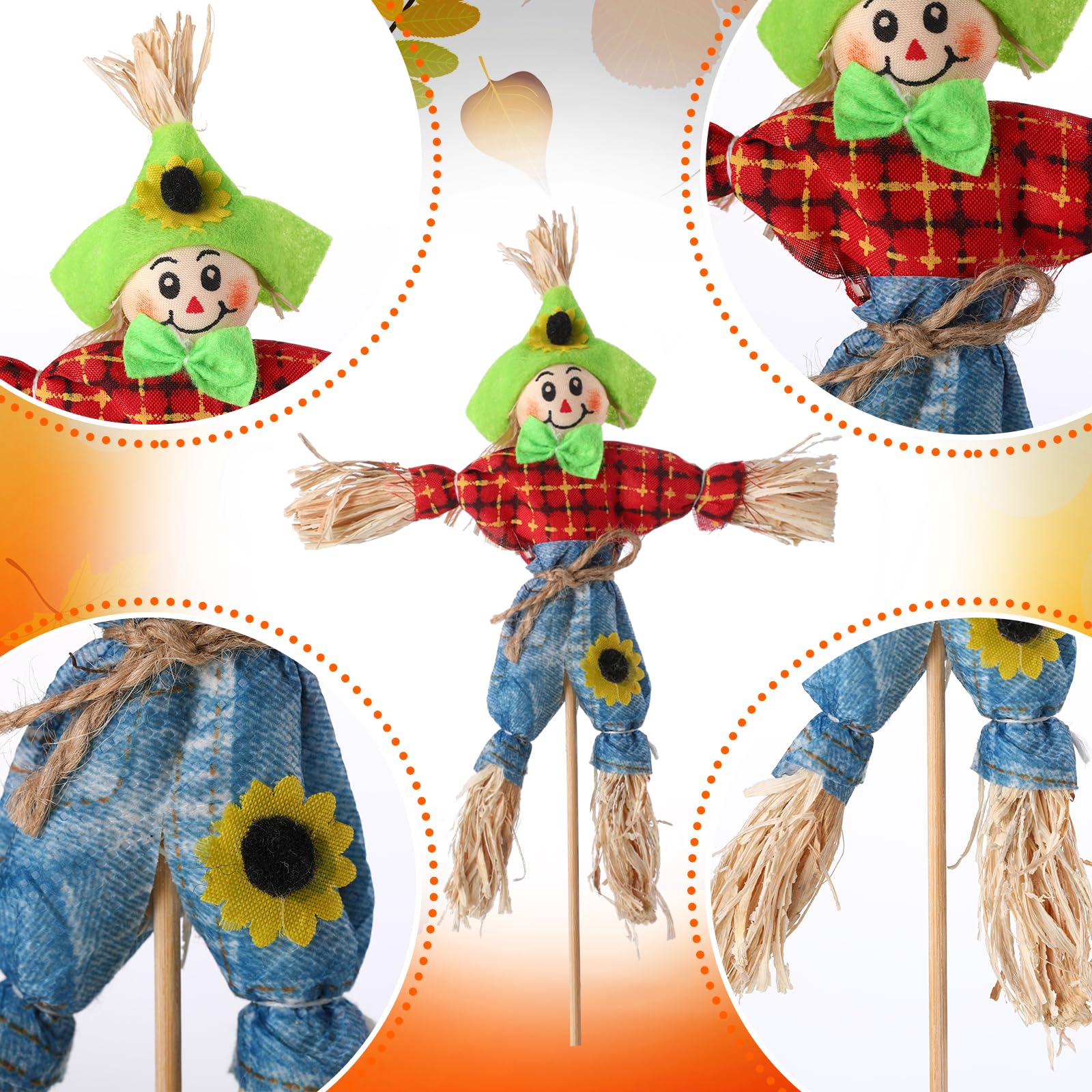 Jenaai scarecrows placed on a porch, creating warm autumn ambiance for guests