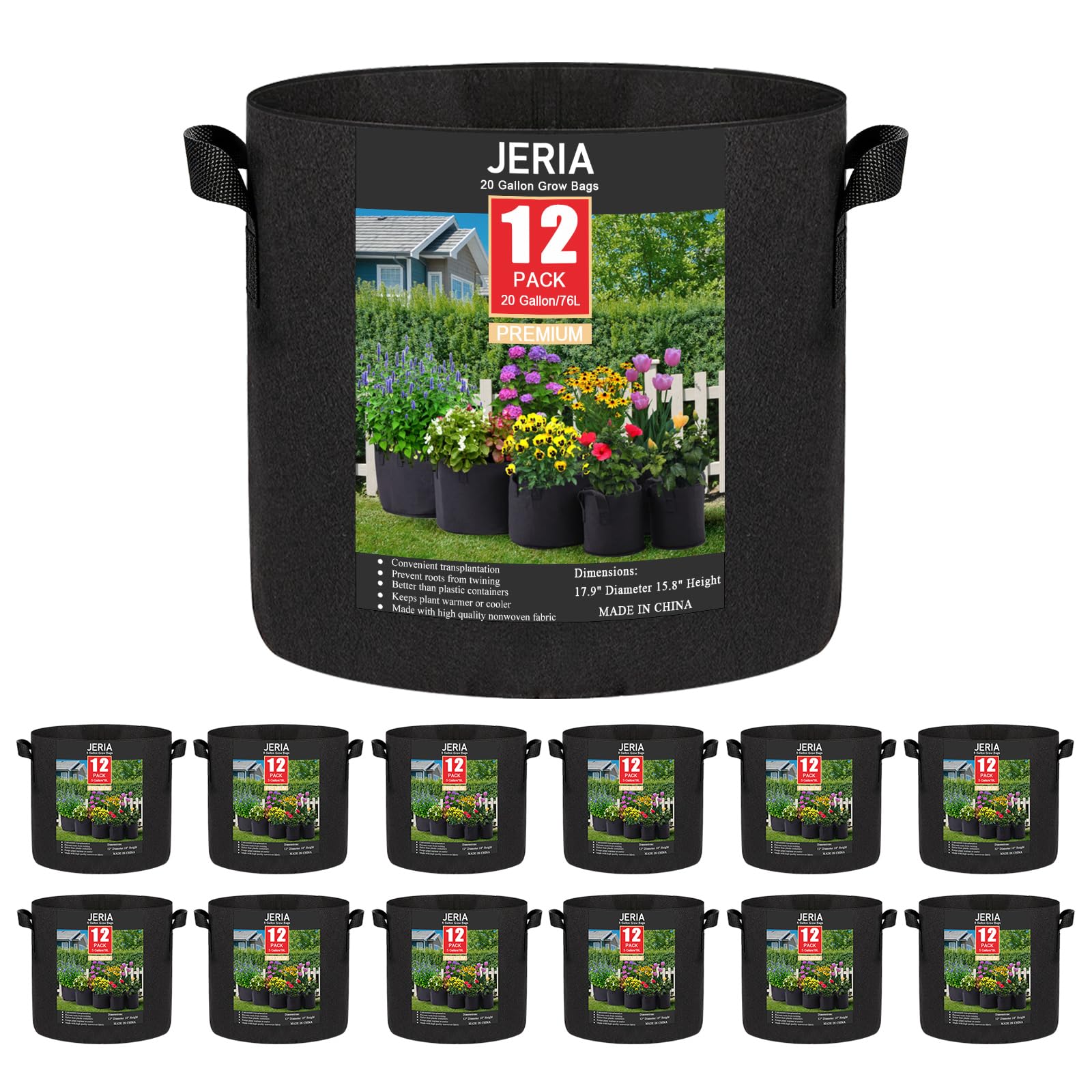 JERIA front view of 12-pack 20 gallon grow bags showing durability and capacity