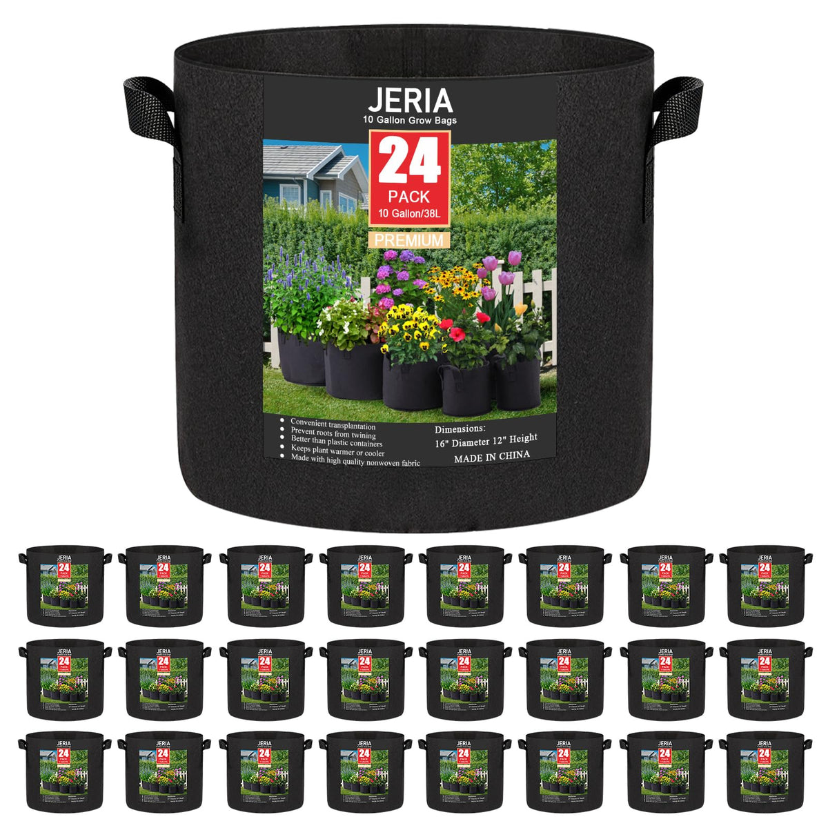 JERIA front view of 24-pack grow bags showing full set and quantity benefit