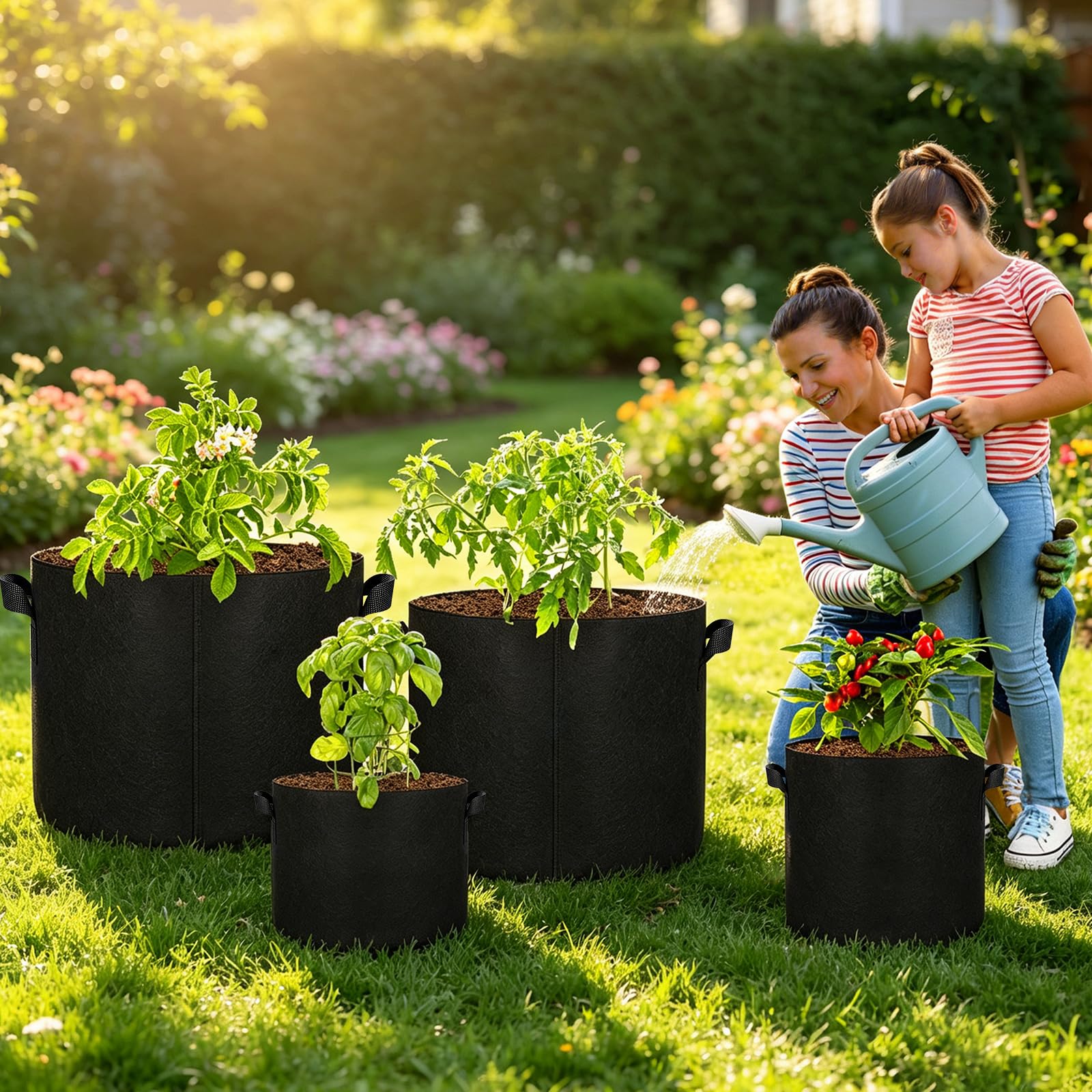 JERIA patio display with bags in use showing versatile outdoor gardening benefit