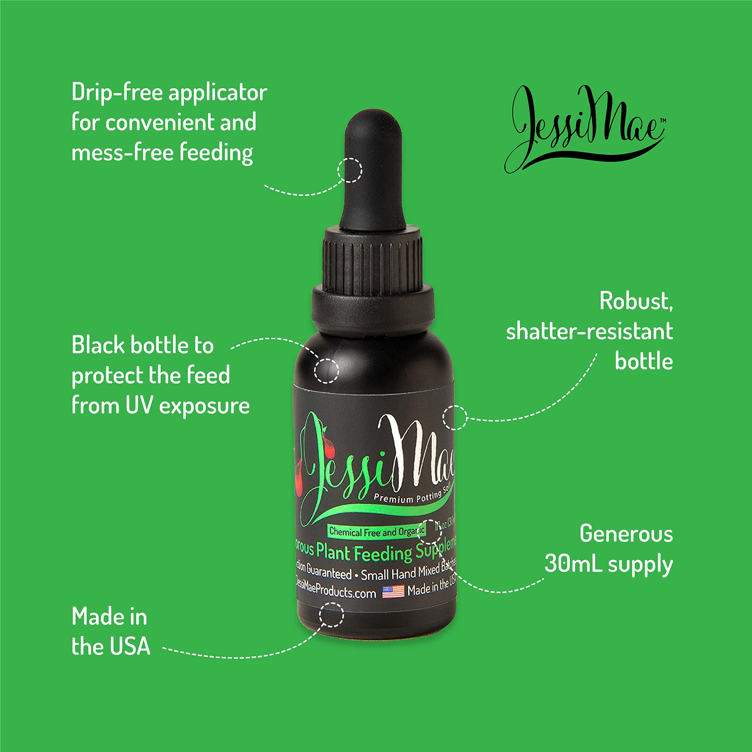 Close-up of Jessi Mae no-dip dropper applicator delivering precise drops, clean mess-free feeding