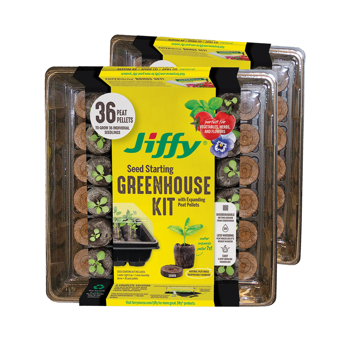 Jiffy front-packed kit showing tray peat pellets and dome for convenient starting
