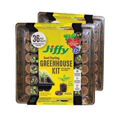 Jiffy front-packed kit showing tray peat pellets and dome for convenient starting