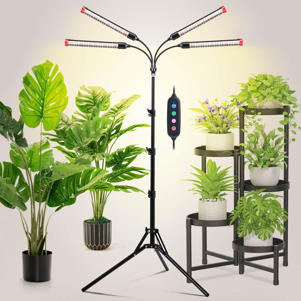 JINHONGTO front view of tall grow light stand showing four heads and tripod, improving plant light