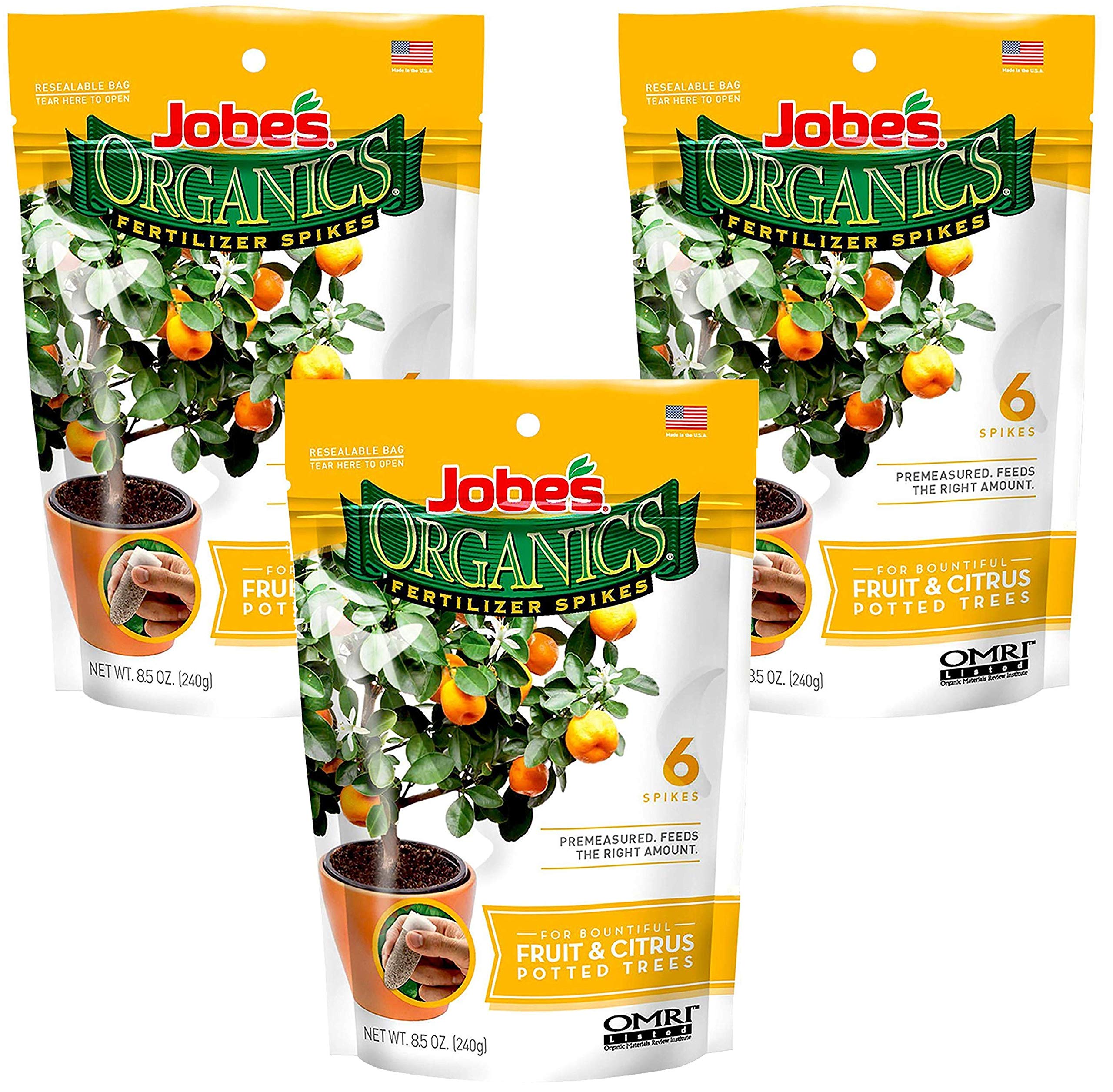 Jobe's Organics front packaging with spikes, easy nutritious feeding for trees