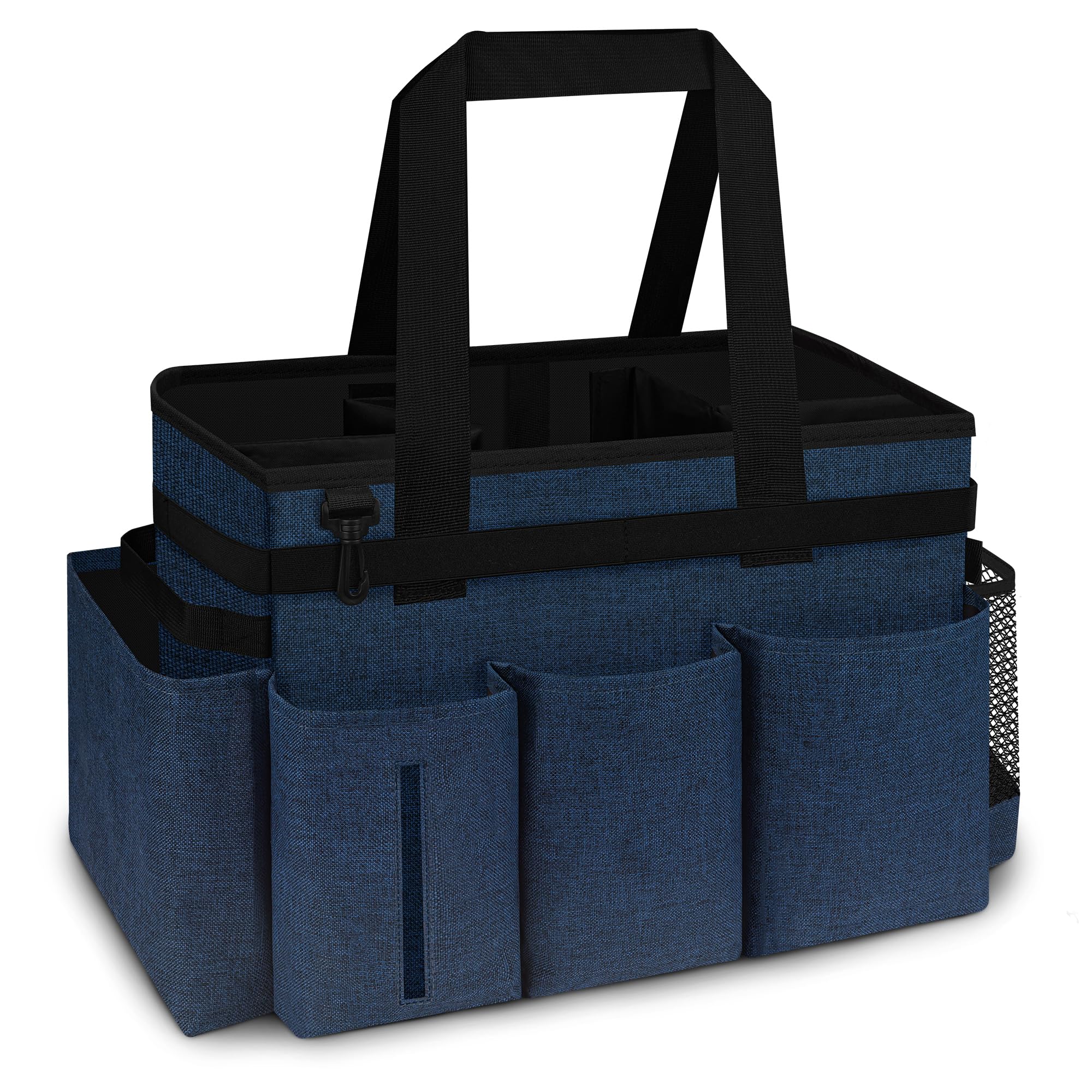 Joe & JoseRin front view spa caddy showing pockets and handle for easy transport