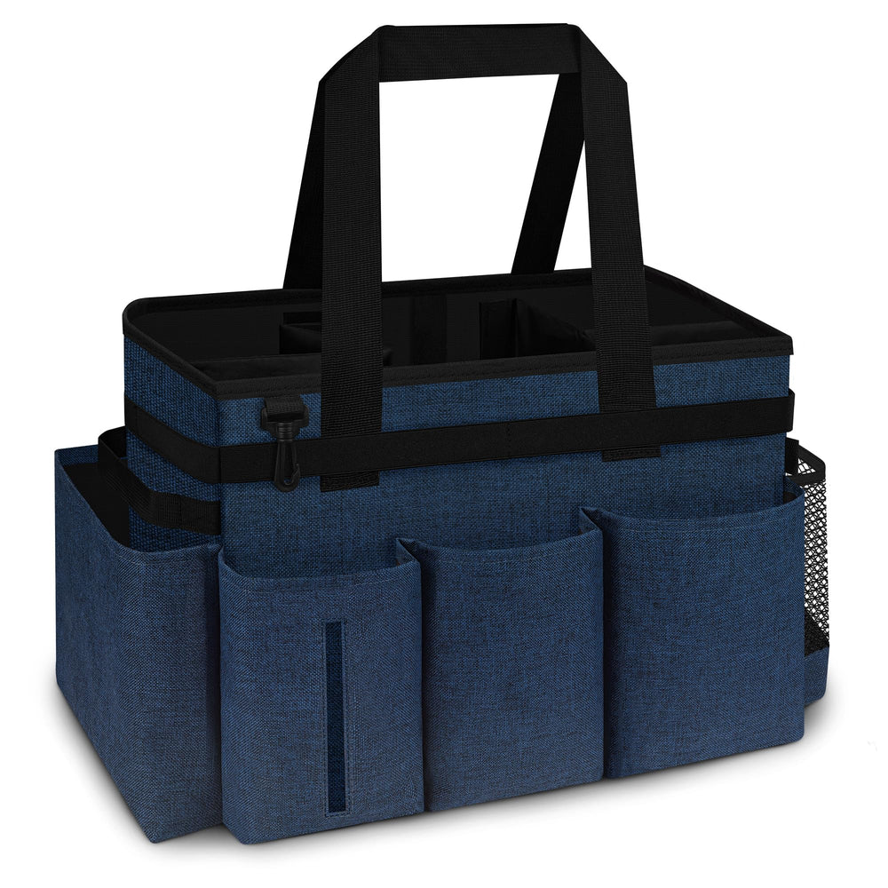 Joe & JoseRin front view spa caddy showing pockets and handle for easy transport