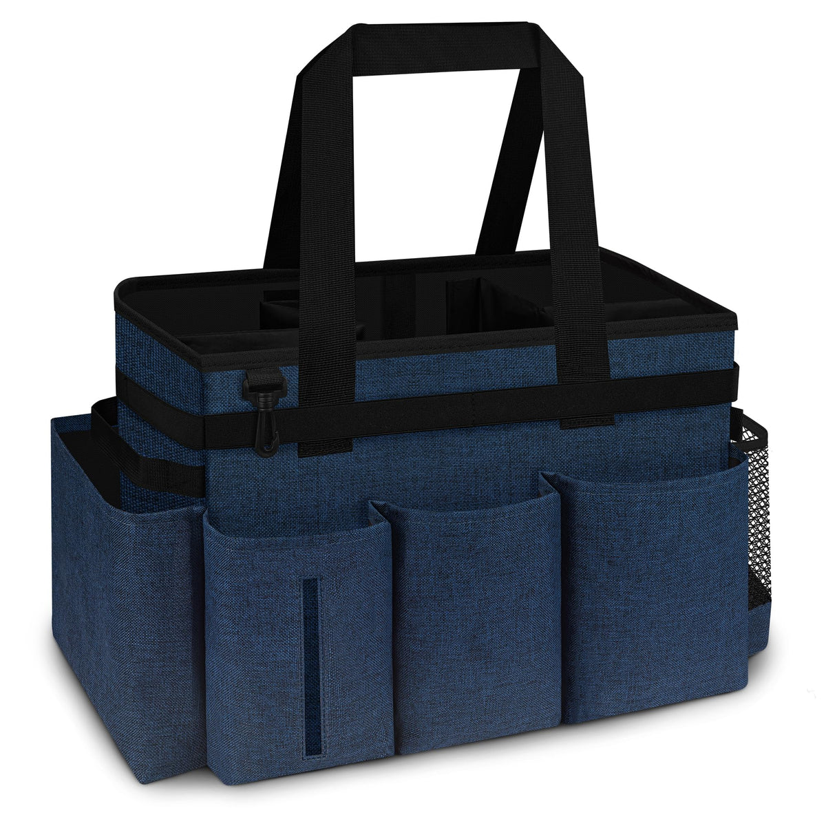 Joe & JoseRin front view spa caddy showing pockets and handle for easy transport