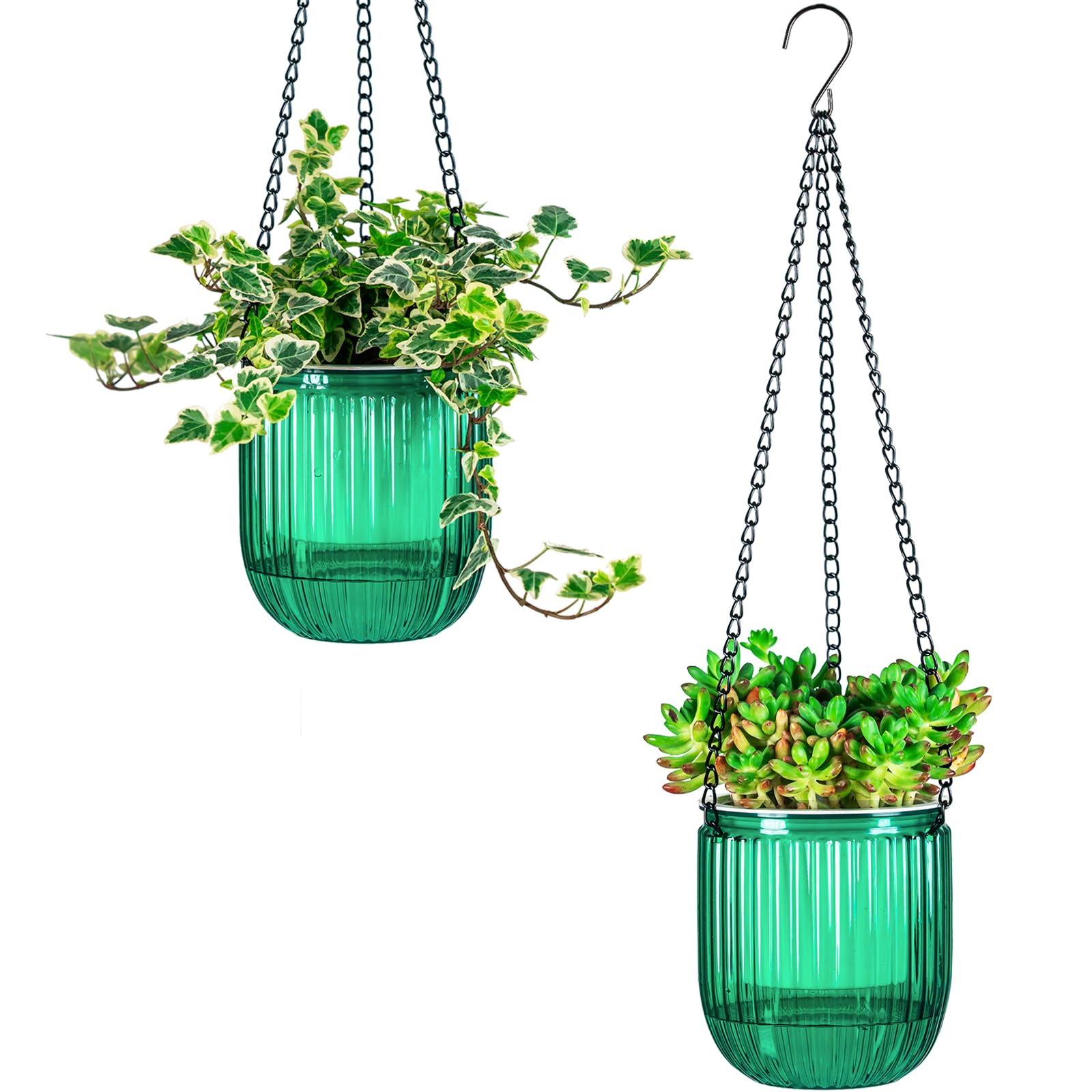josteve front view hanging planter showing clear reservoir and plant benefit