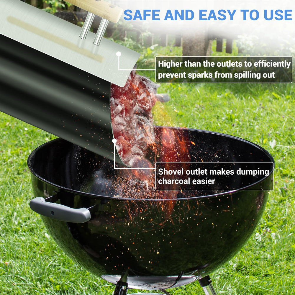 Joyagrill shovel-style outlet captured mid-dump for precise charcoal placement