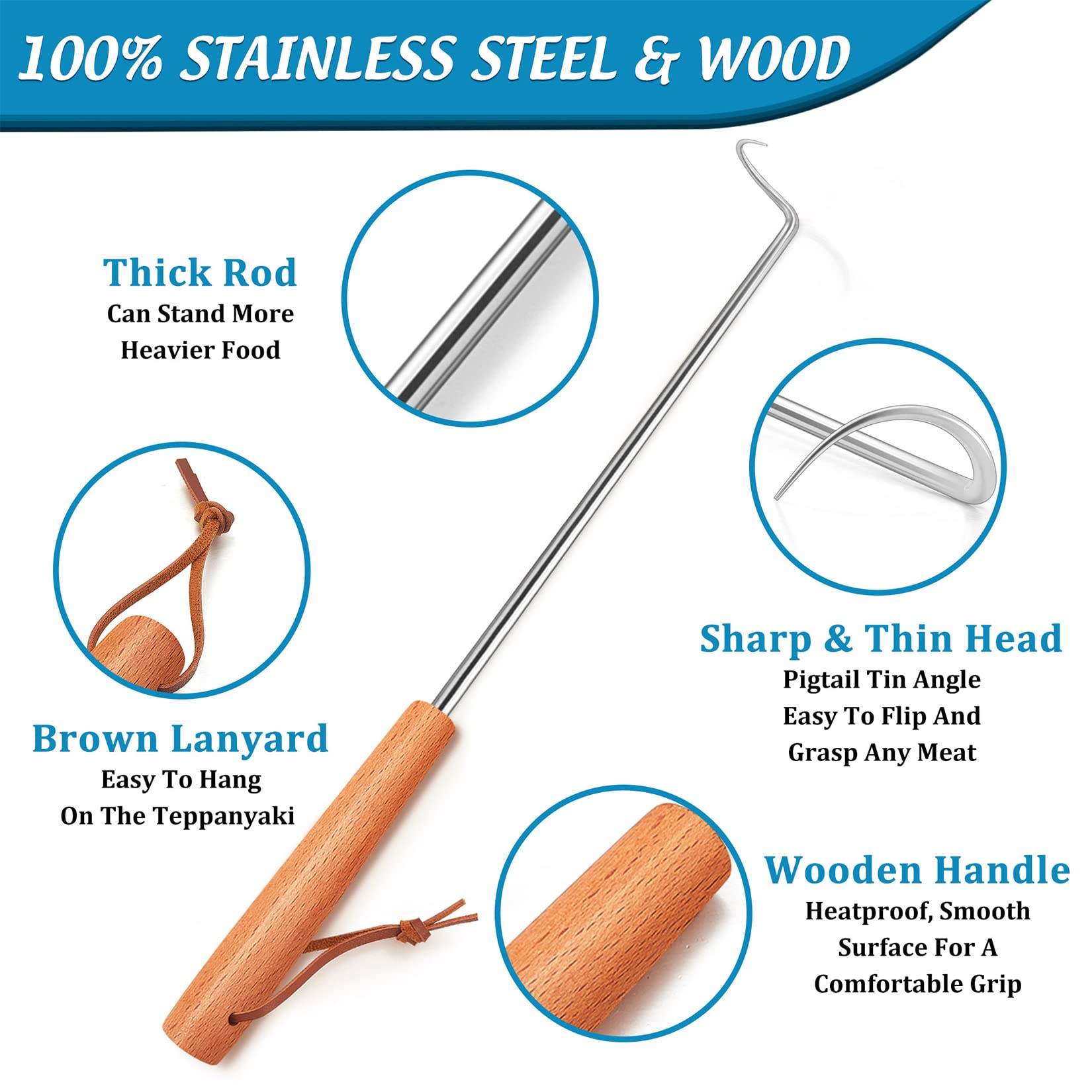 Joyfair wooden handle detail showing heat-resistant grip for safer handling