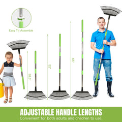joyhalo rake extended in use gathering leaves, adjustable reach for posture