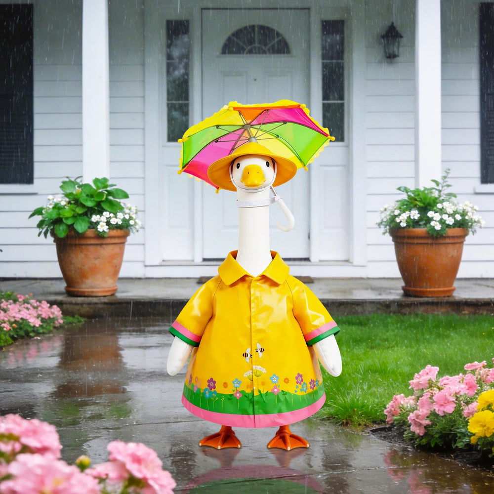 Joyxzacp side profile of dressed goose on lawn, demonstrates natural drape and style