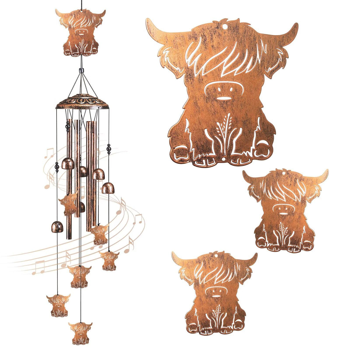 Jubilora front view showing full 41-inch highland cow wind chime and rustic charm