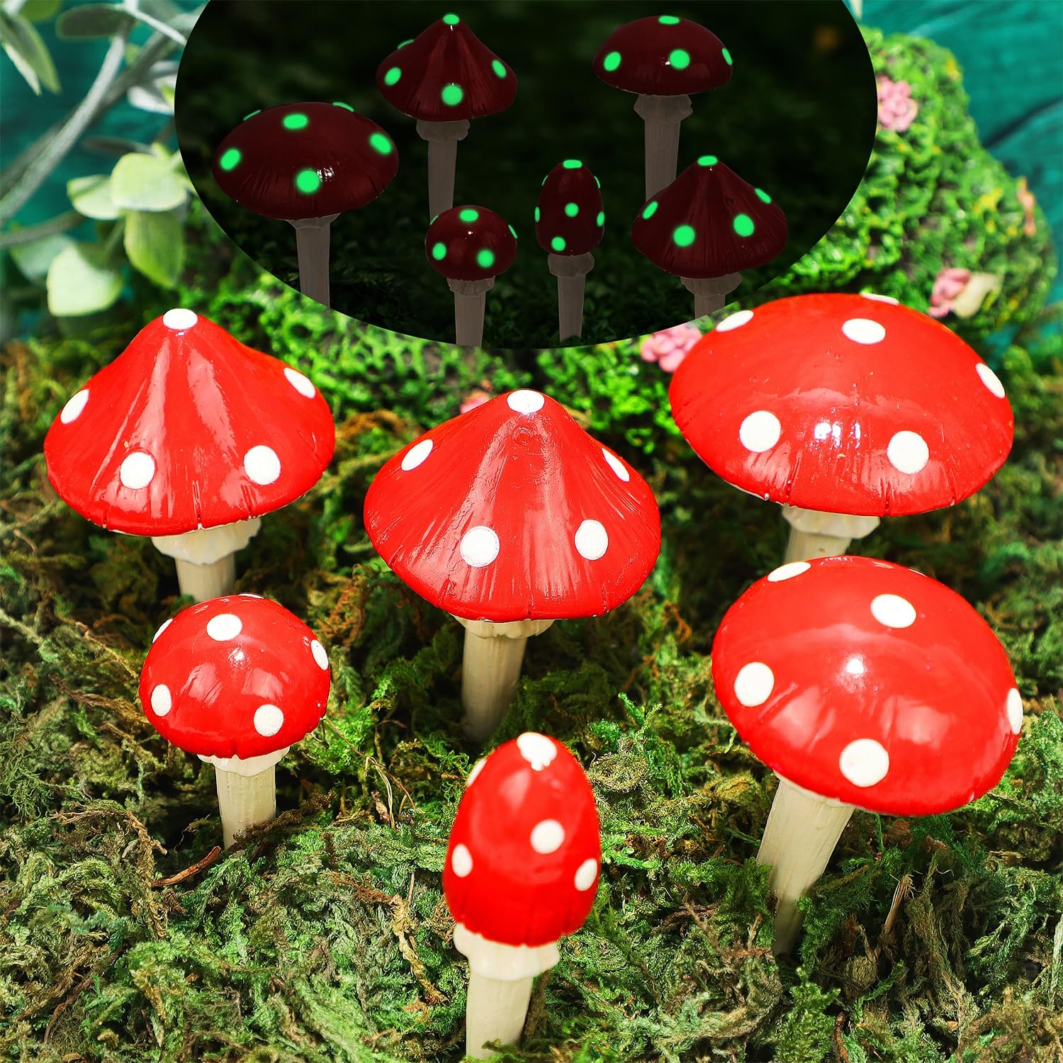 Juegoal front view of six mushrooms showing charming decoration and durable resin