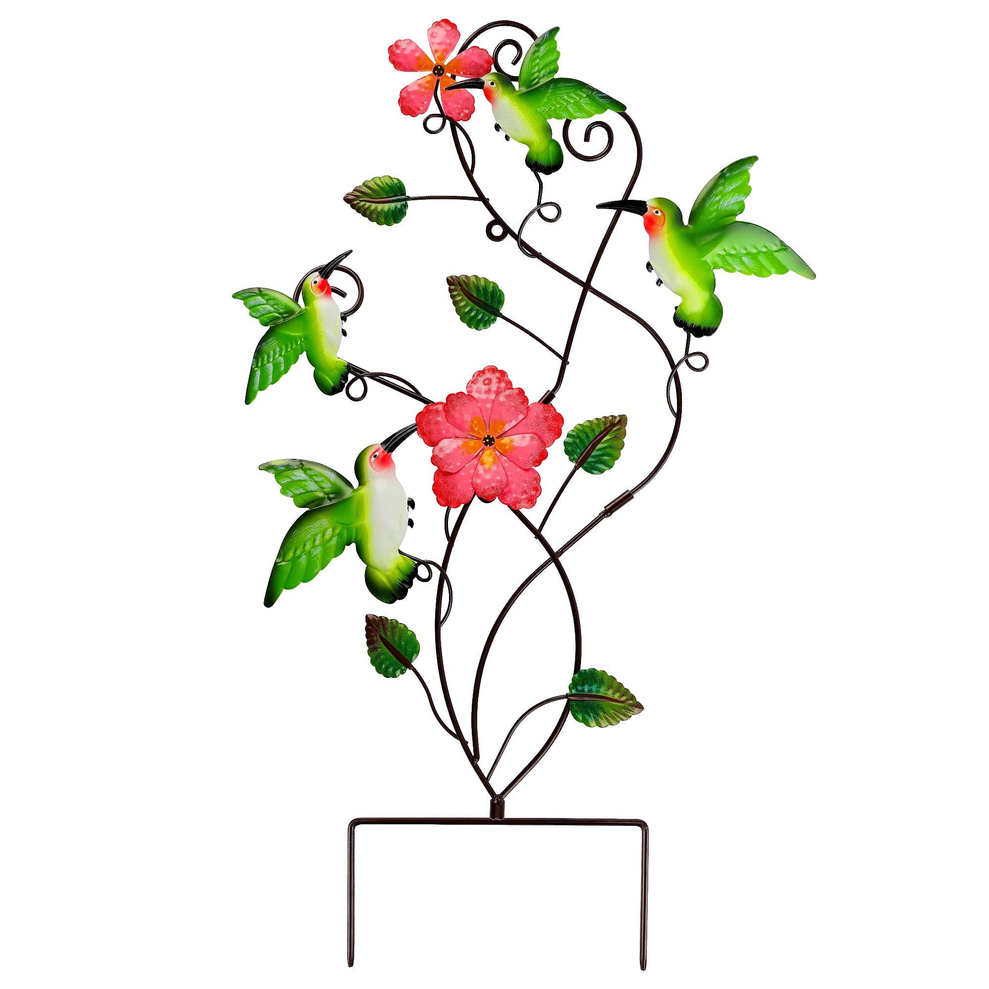 Juegoal front view of hummingbird garden stake shows colorful birds and flowers, adds curb appeal