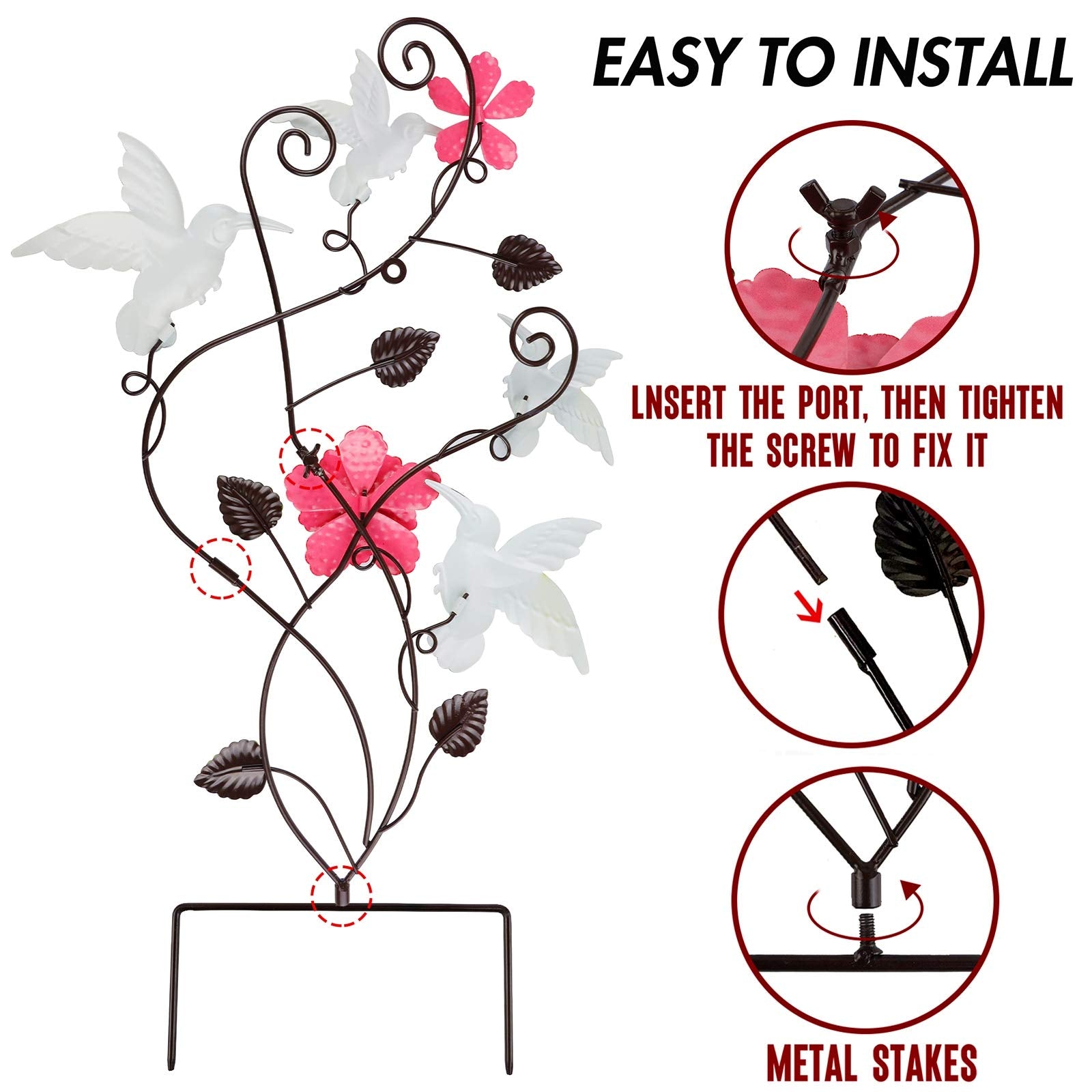 Juegoal hummingbird panel hung on exterior wall showing removable-stake versatility and decor benefit